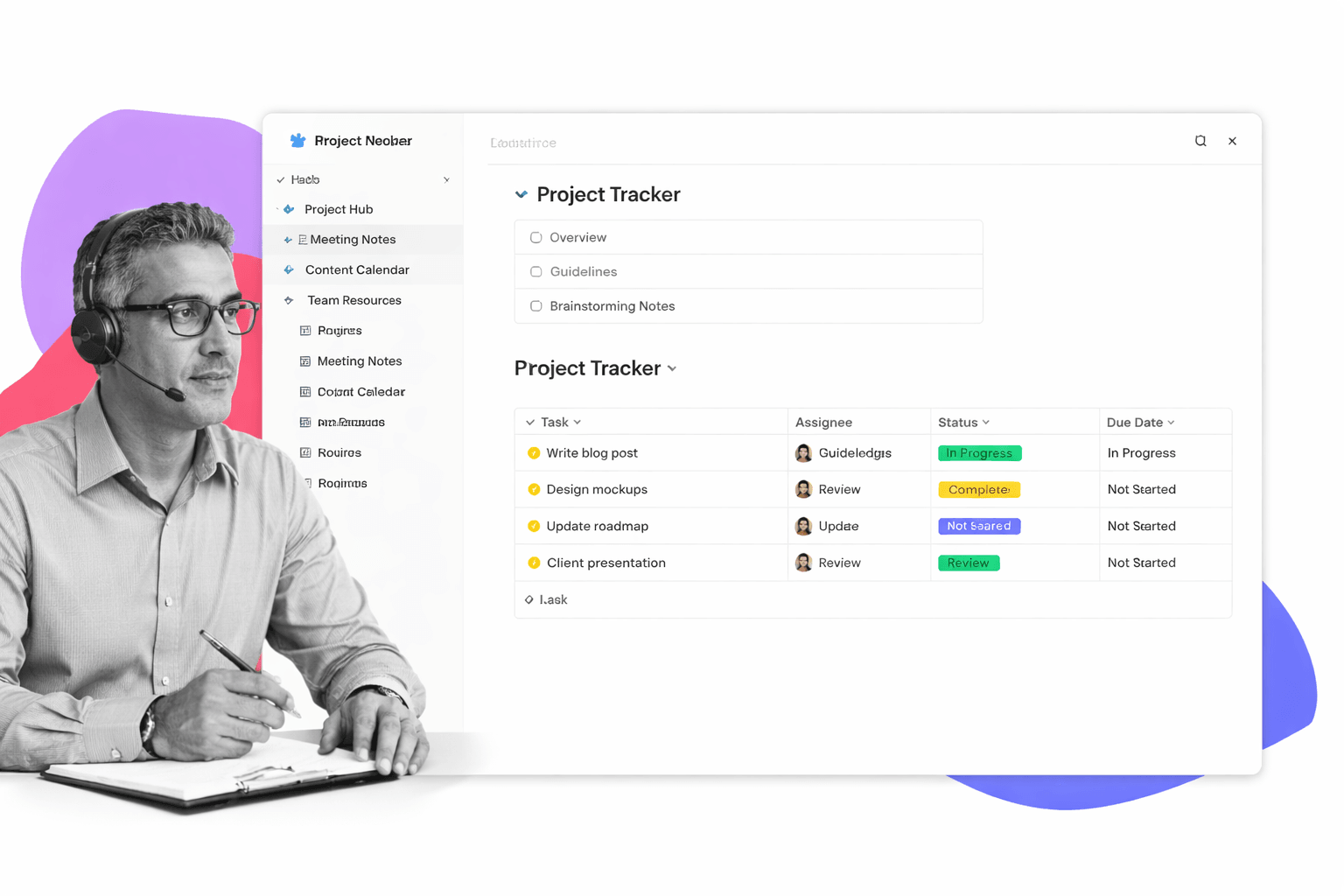Notion remote work tools connected workspace document beside a linked database table view