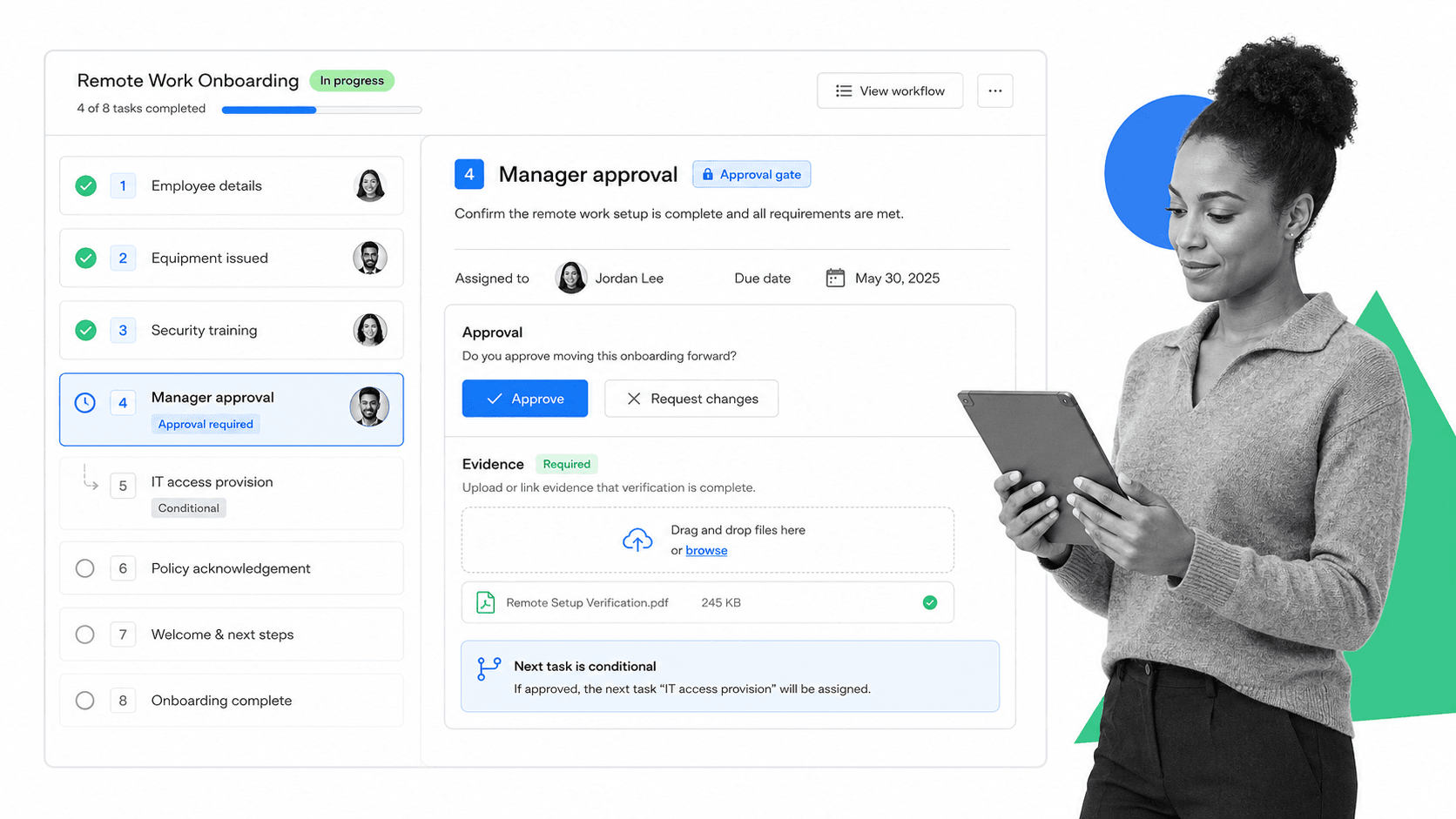 Process Street remote work tools workflow run with approvals, assignments, and evidence fields