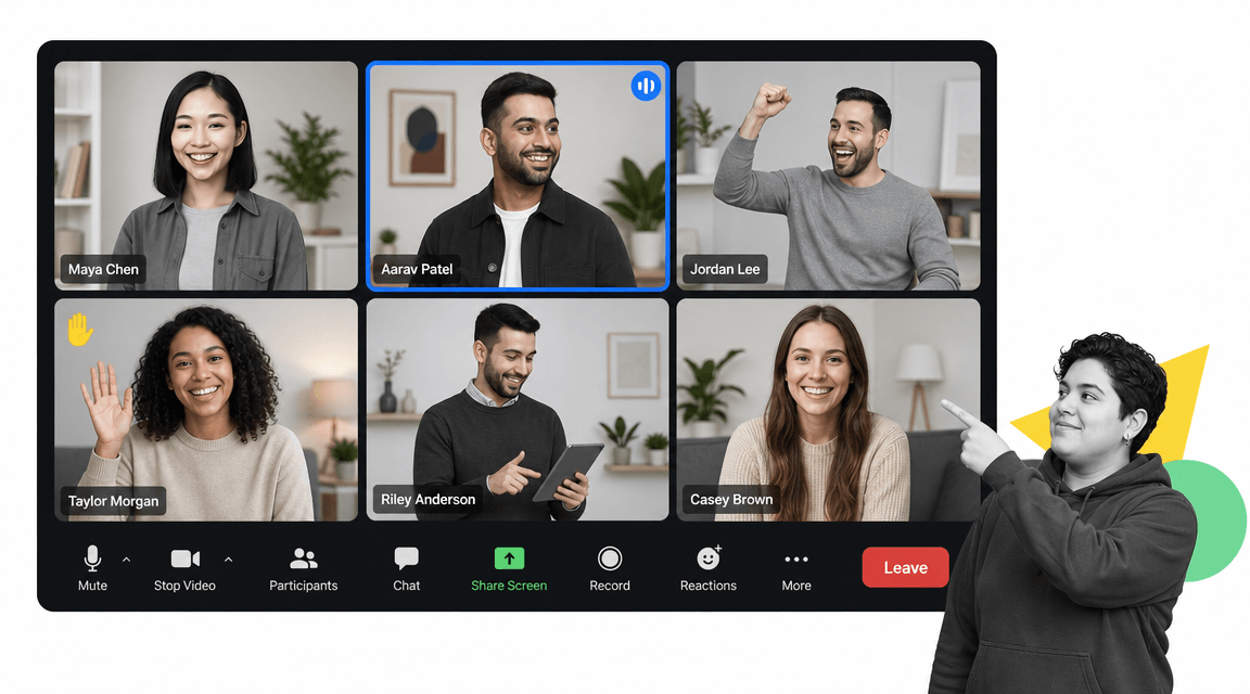 Zoom remote work tools video meeting gallery view with participant tiles and meeting controls