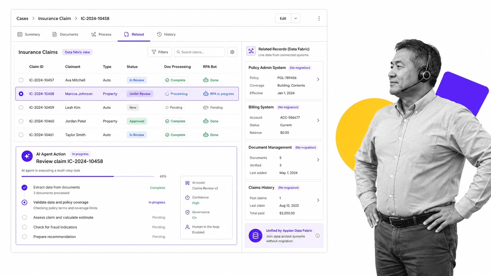 Appian low-code record app with a data-fabric related-records rail and a running AI agent action card