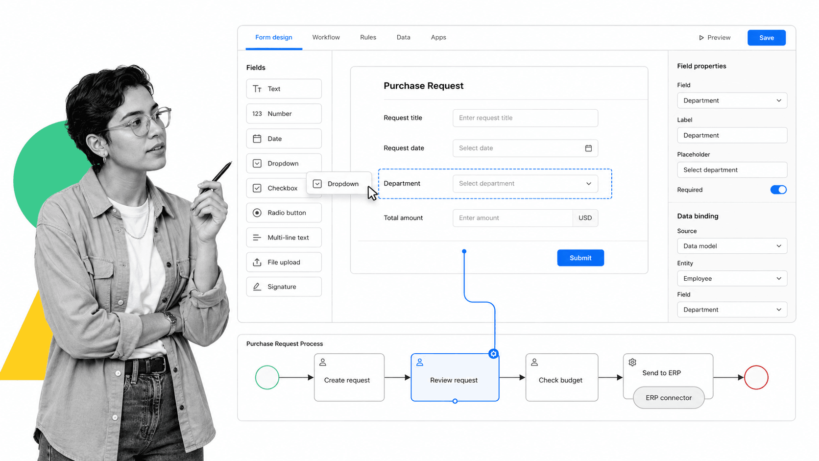 Bizagi Studio low-code form designer with a draggable field palette linked to a BPMN step and a SAP connector chip