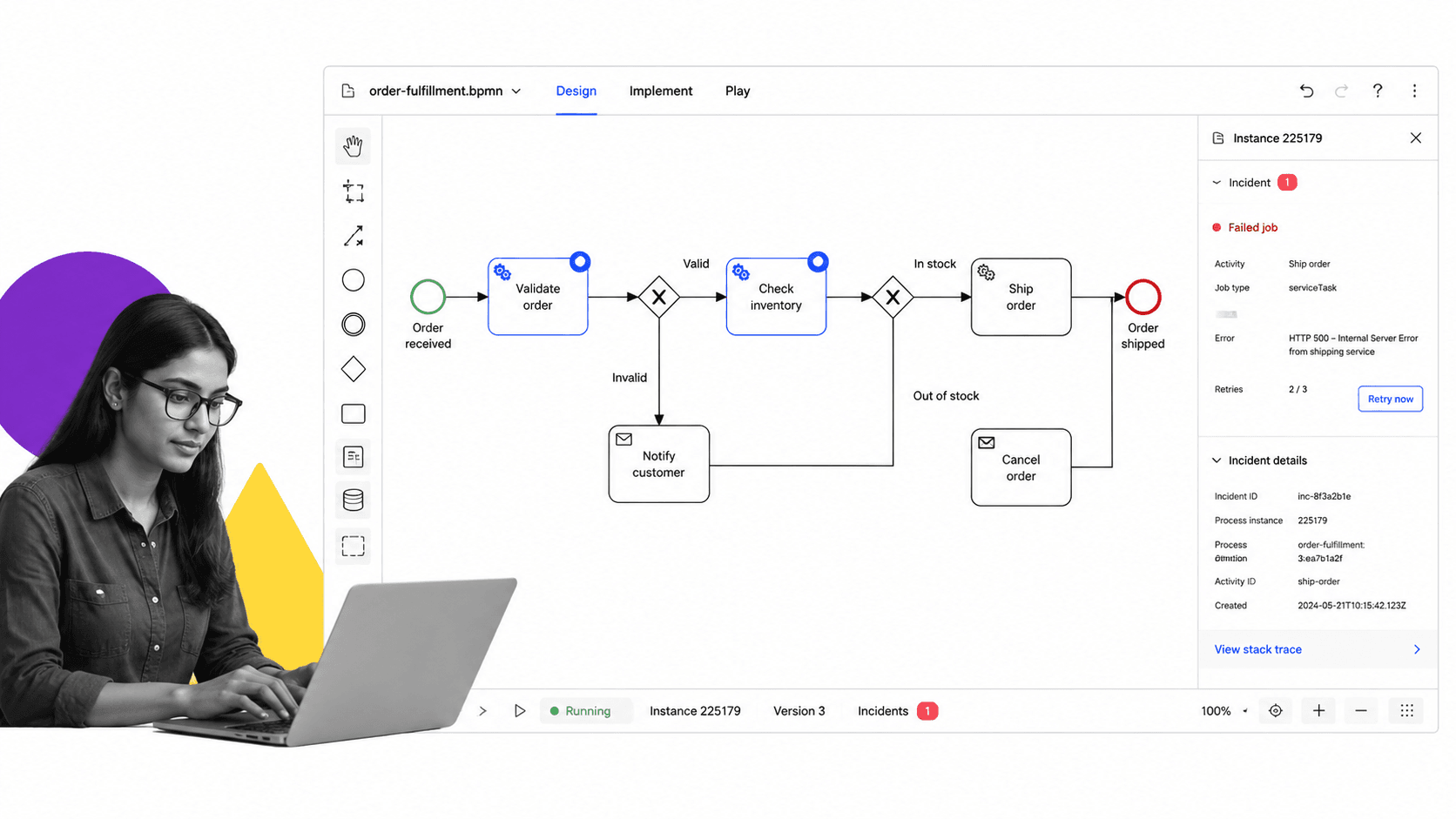 Camunda BPMN process model in a developer modeler with live execution tokens and an incident inspector