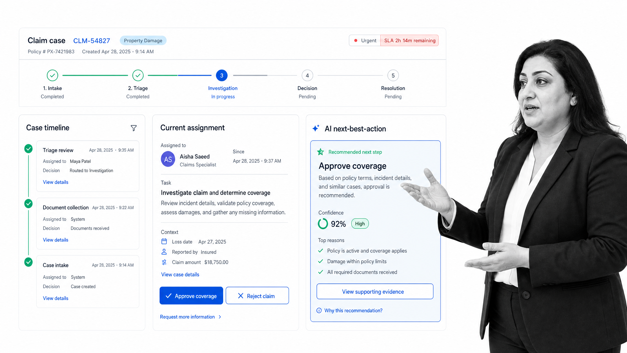 Pega case manager screen resolving a claims case with a five-stage case flow and an AI next-best-action card