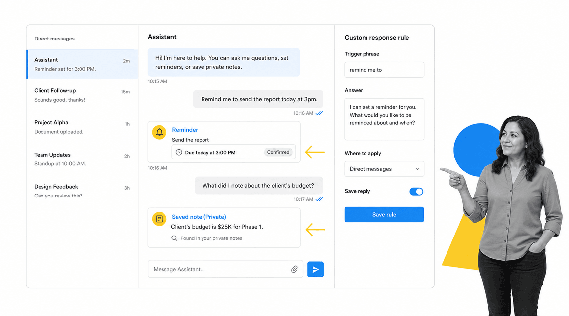 Slack bot reminder and custom response automation surface
