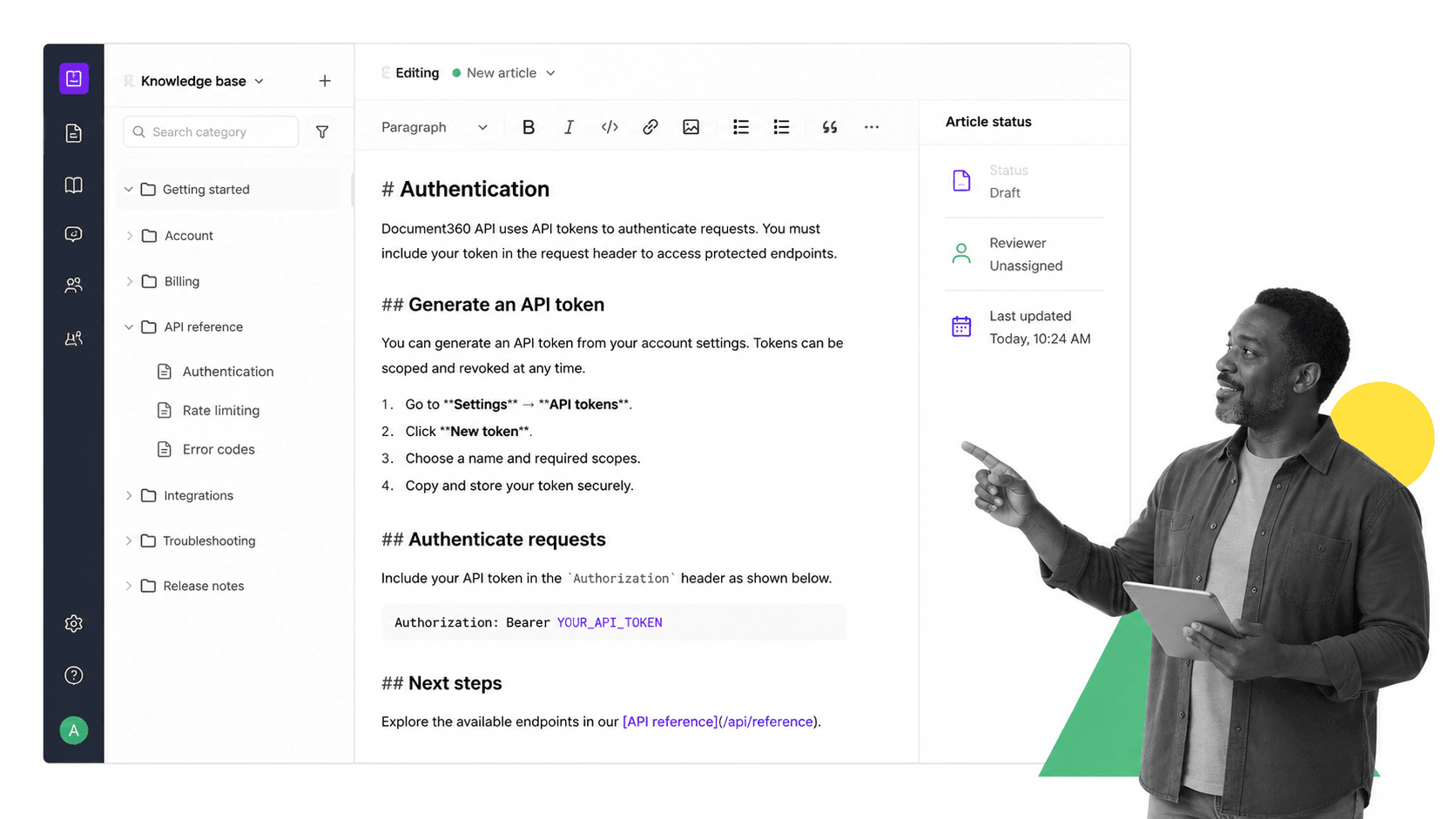 Document360 knowledge base article editor with category tree: Document360 knowledge base article editor with category tree with the distinctive feature cues visible.