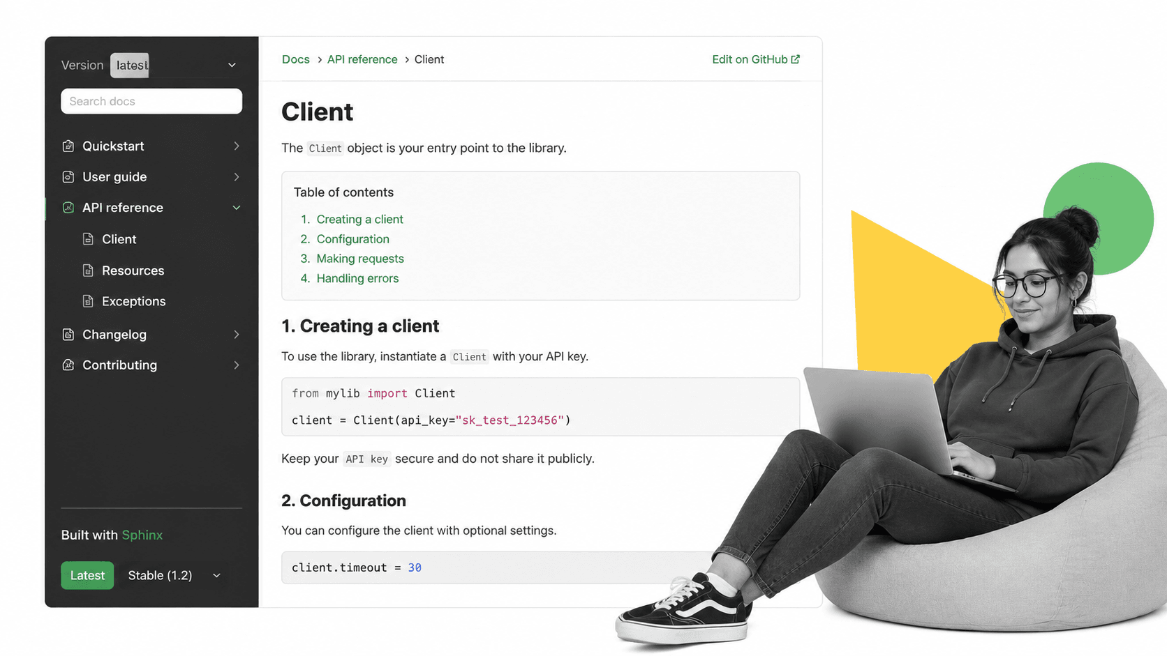 Read the Docs Sphinx-style published documentation site: Read the Docs Sphinx-style published documentation site with the distinctive feature cues visible.