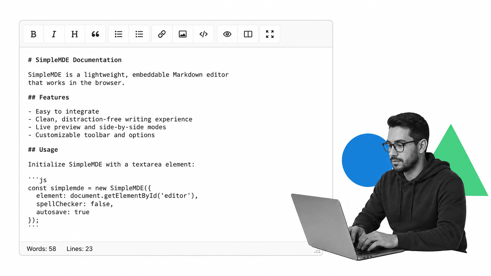 SimpleMDE embedded markdown editor with icon toolbar: SimpleMDE embedded markdown editor with icon toolbar with the distinctive feature cues visible.