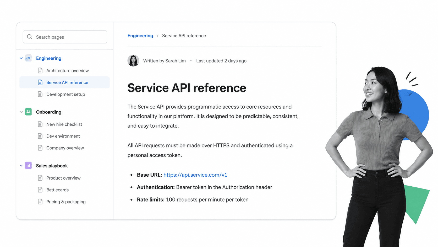 Tettra internal wiki with category tree and article reader: Tettra internal wiki with category tree and article reader with the distinctive feature cues visible.