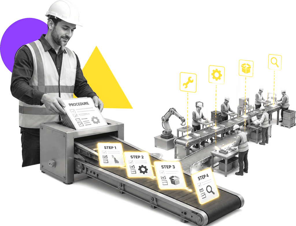 A production line supervisor slides procedure cards into a conveyor belt that transforms them into active workflow panels rolling toward a miniature factory floor