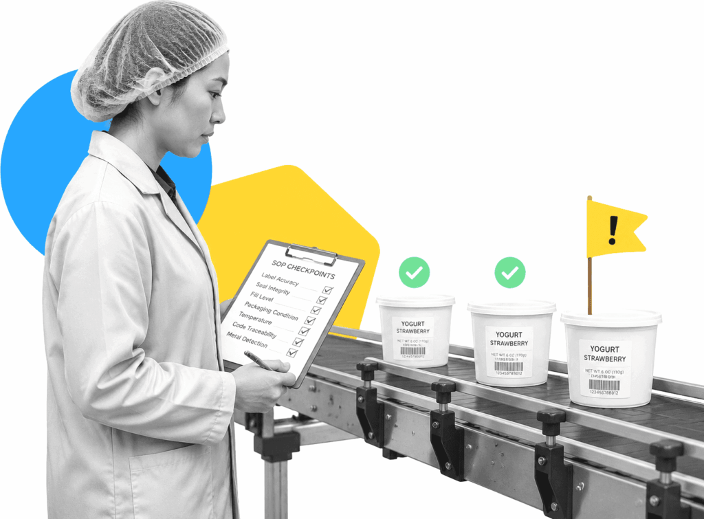 Food safety inspector examining a production line conveyor with SOP checkpoints and deviation flags