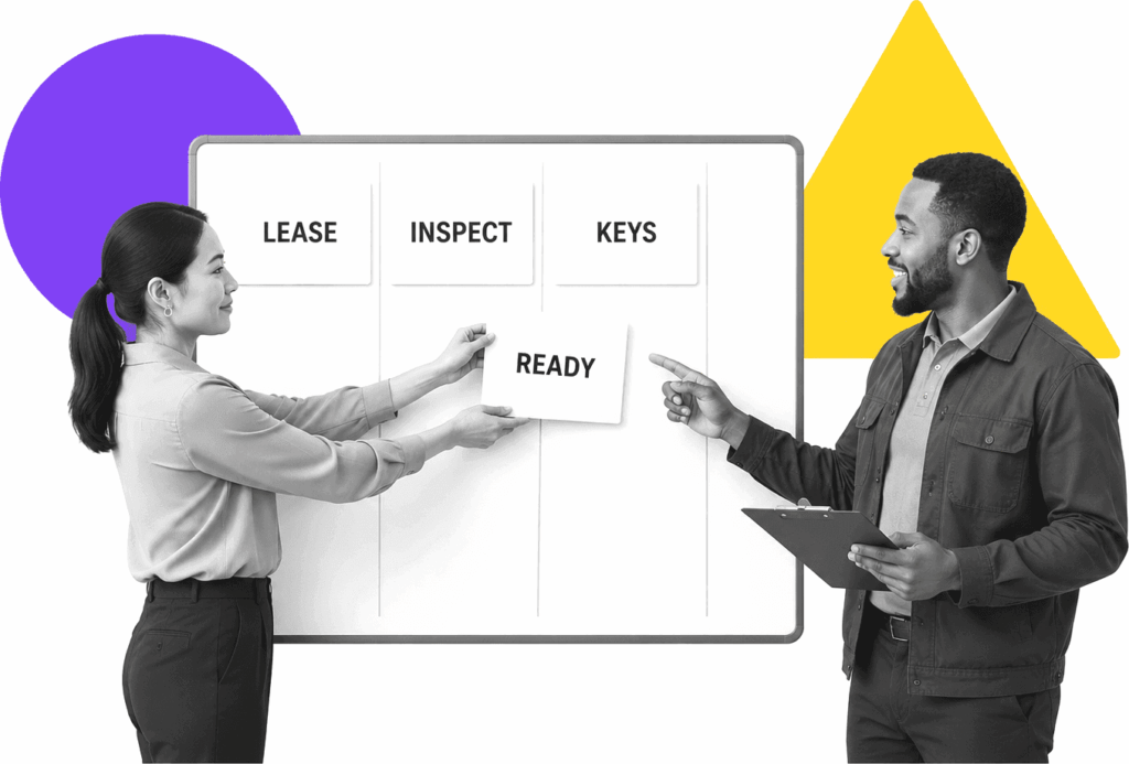 A leasing operations manager organizing tenant move-in tasks on a workflow board.