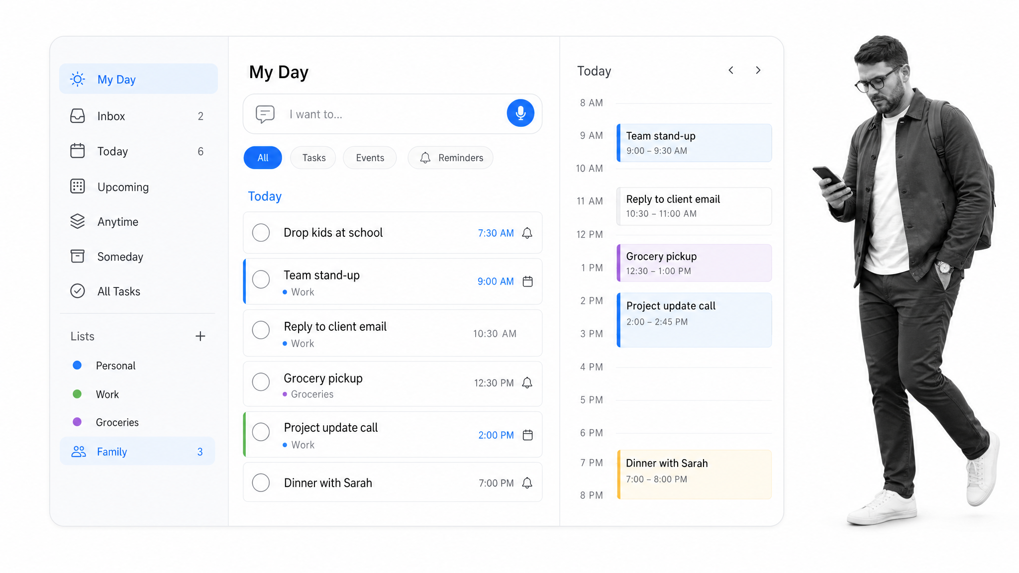 Any.do daily planner with reminders and calendar-linked tasks