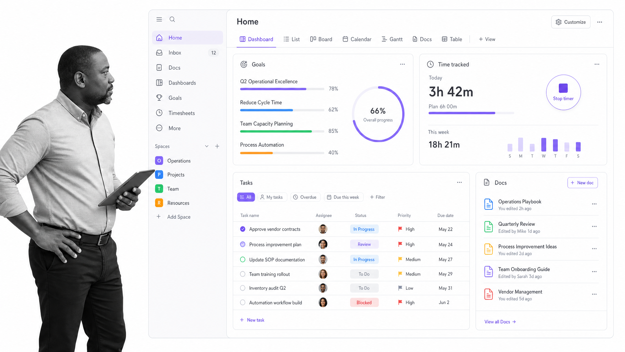 ClickUp dashboard with tasks goals and time tracking