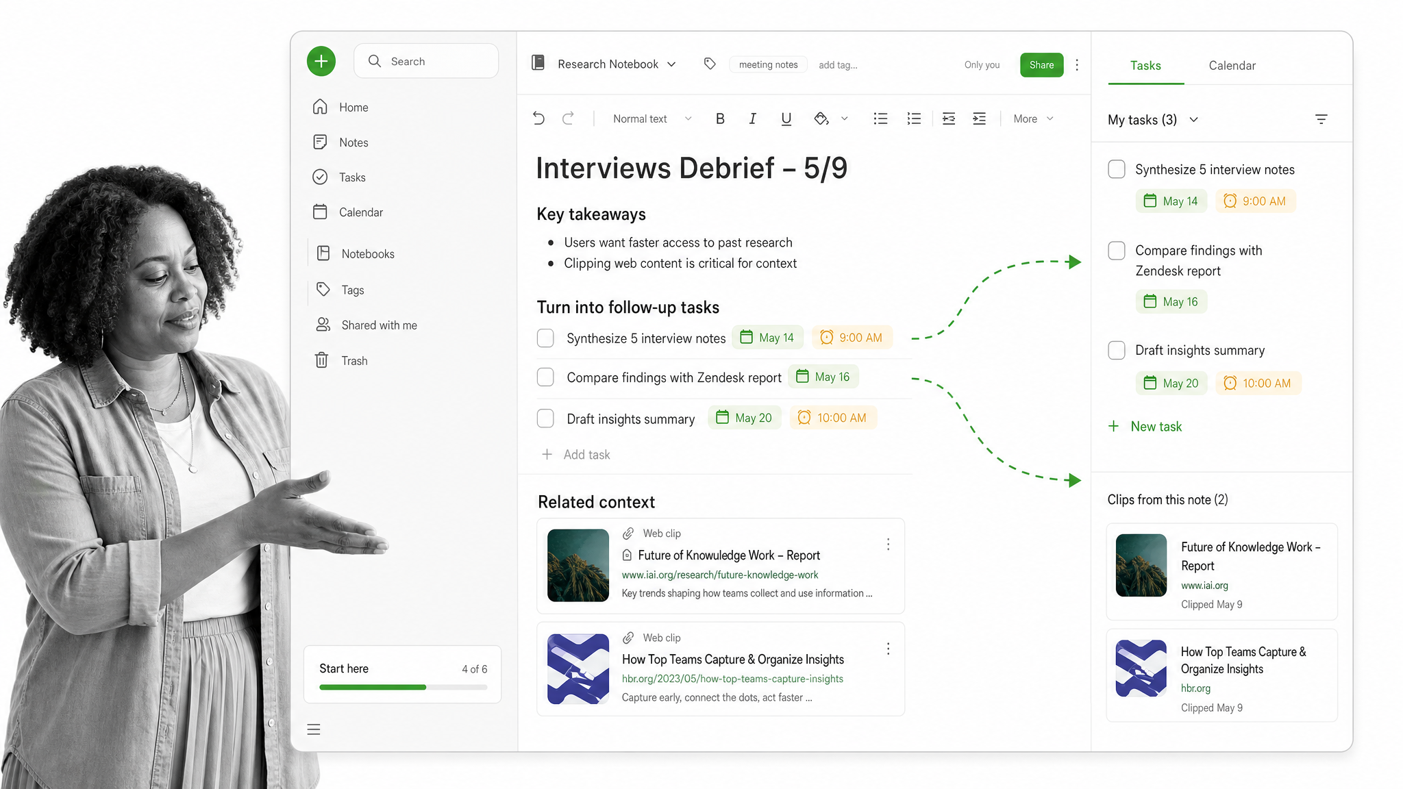 Evernote note workspace with embedded tasks and due dates