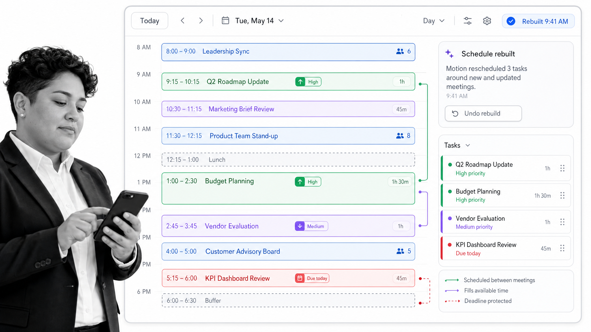 Motion auto-scheduled day calendar for time management