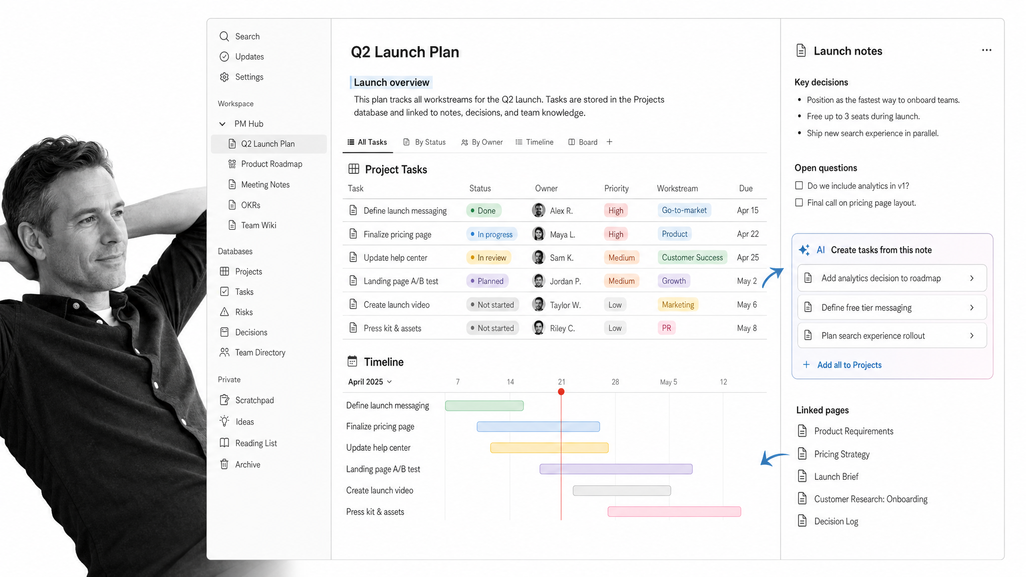 Notion project database beside notes and timeline planning
