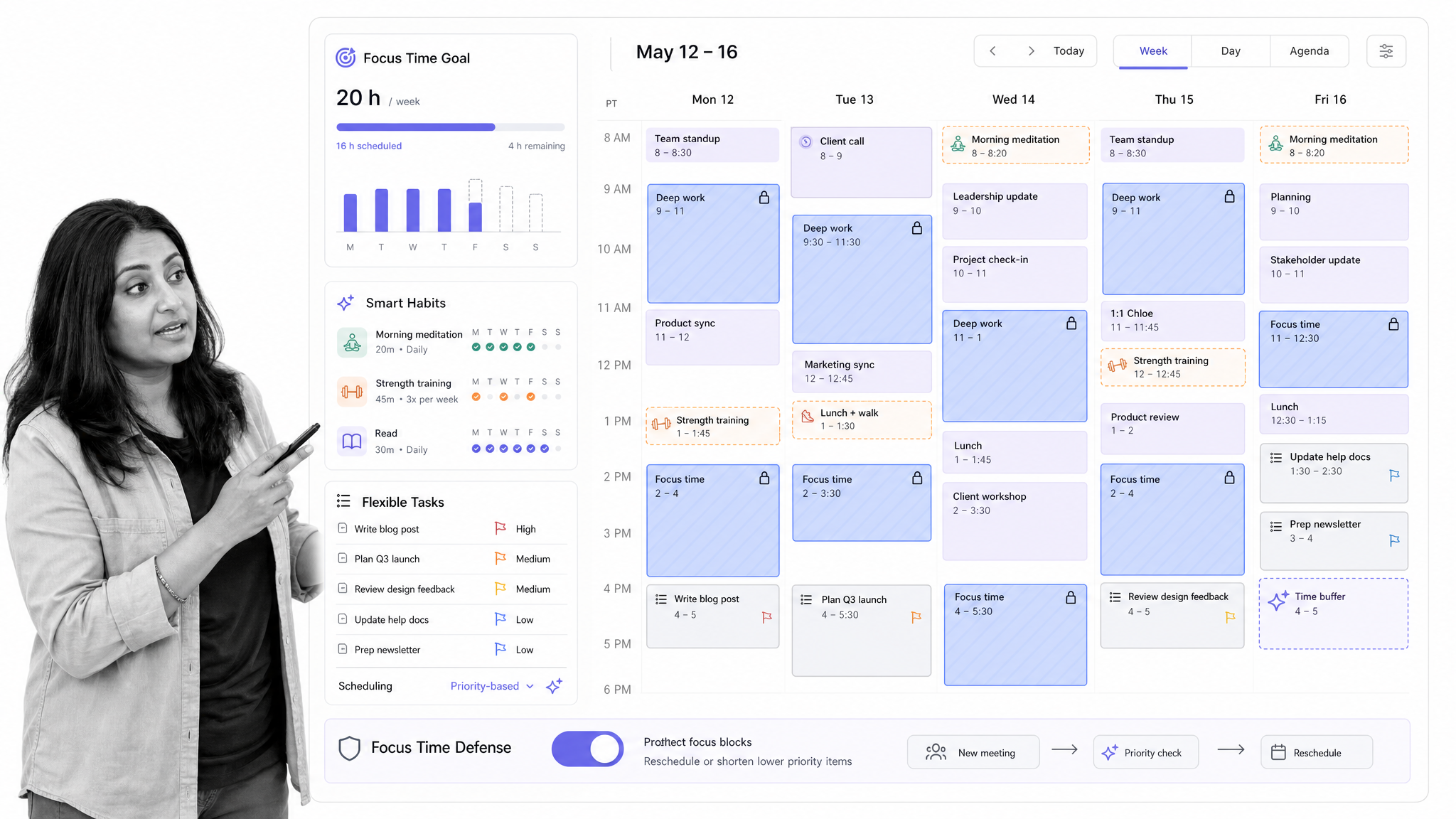 Reclaim.ai planner protecting focus time around meetings