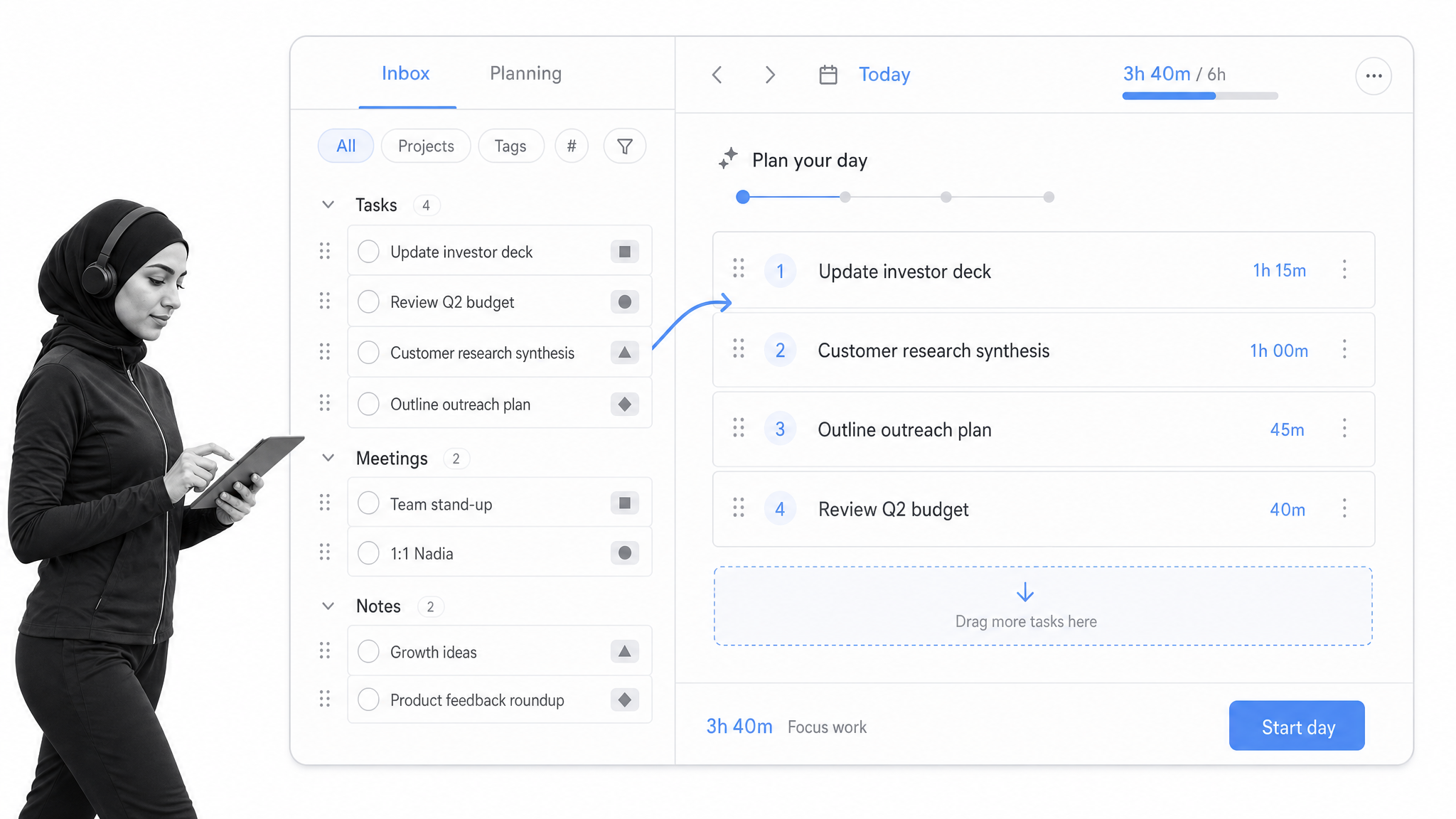 Sunsama guided daily planning screen for realistic task selection
