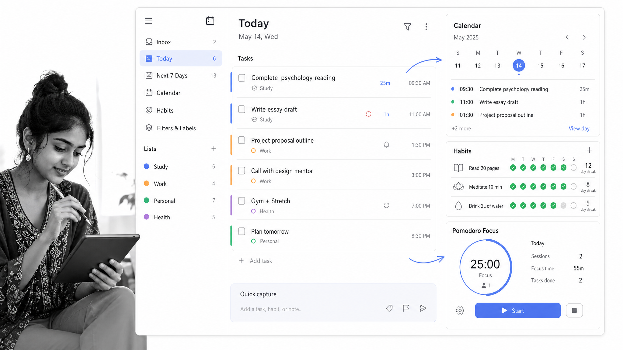 TickTick task list with habit tracker and Pomodoro focus timer