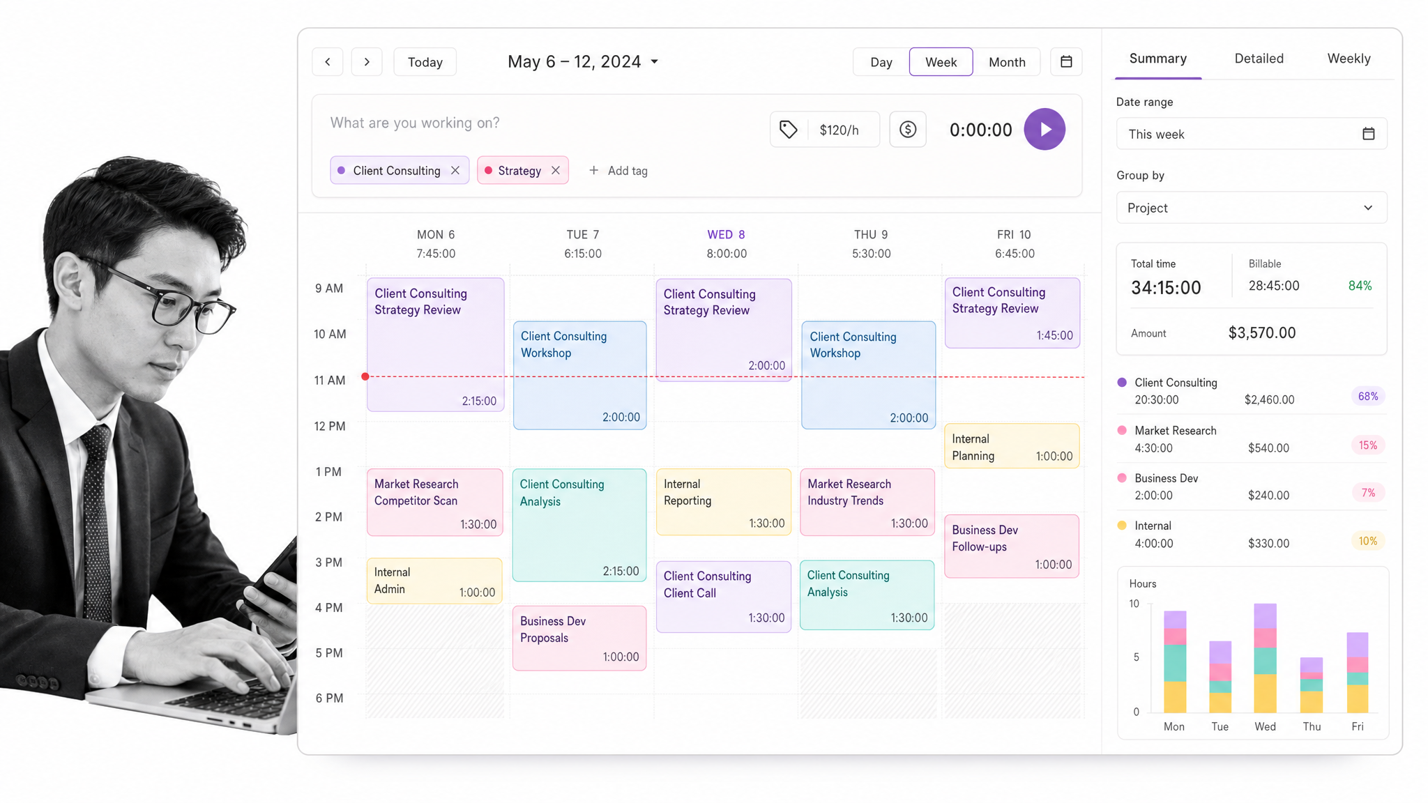 Toggl Track calendar time entries and reporting view