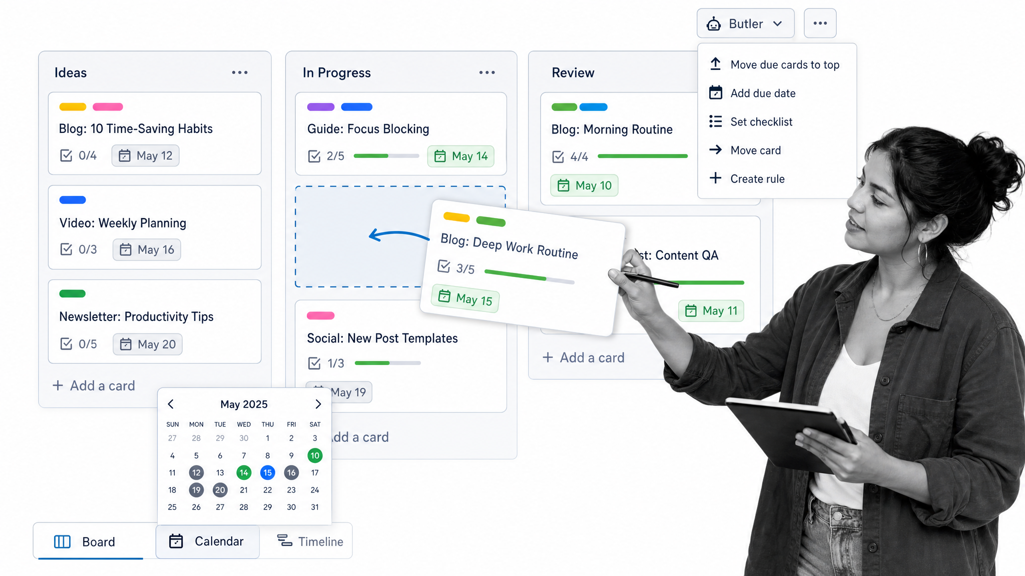 Trello visual planning board with cards and due dates