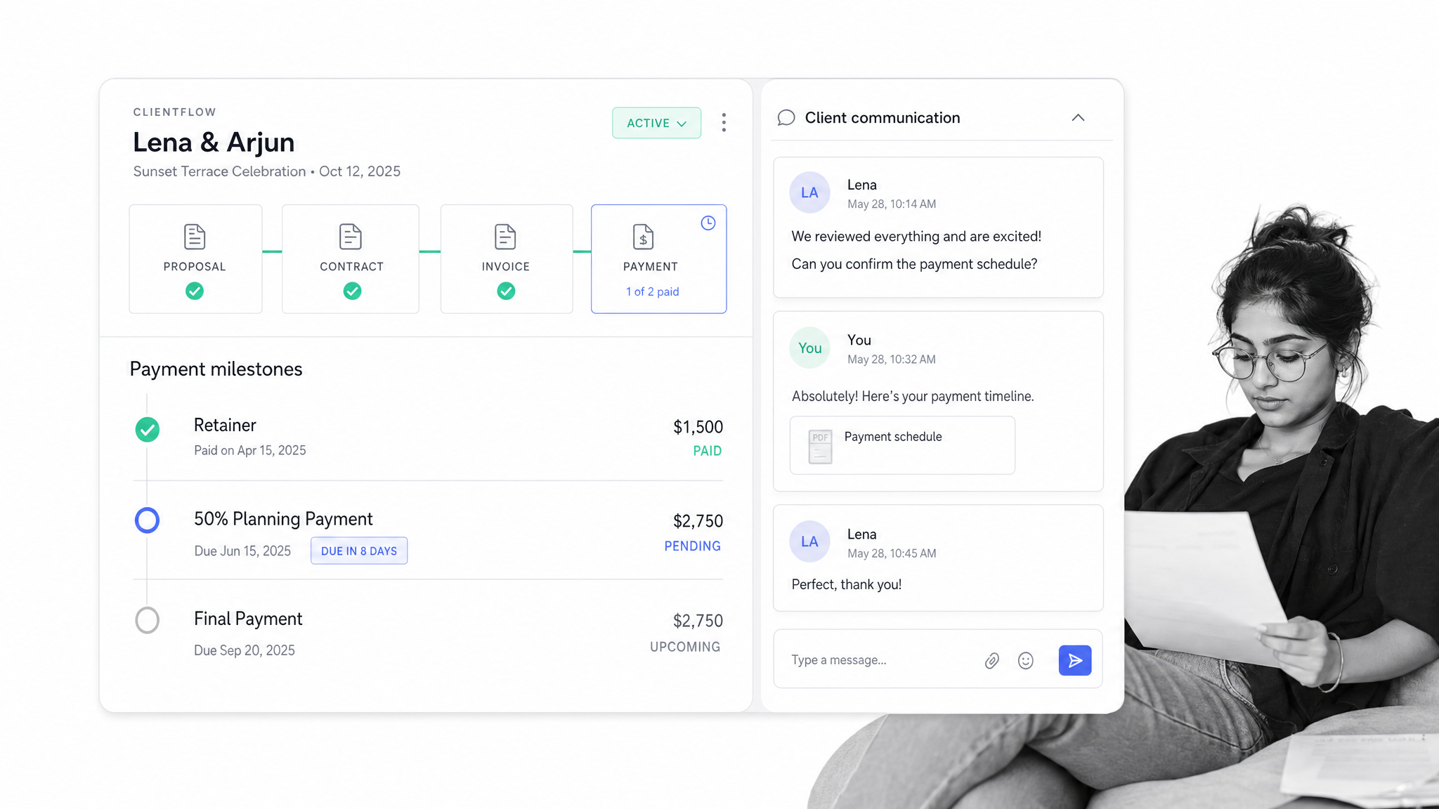 HoneyBook clientflow interface for venue management software