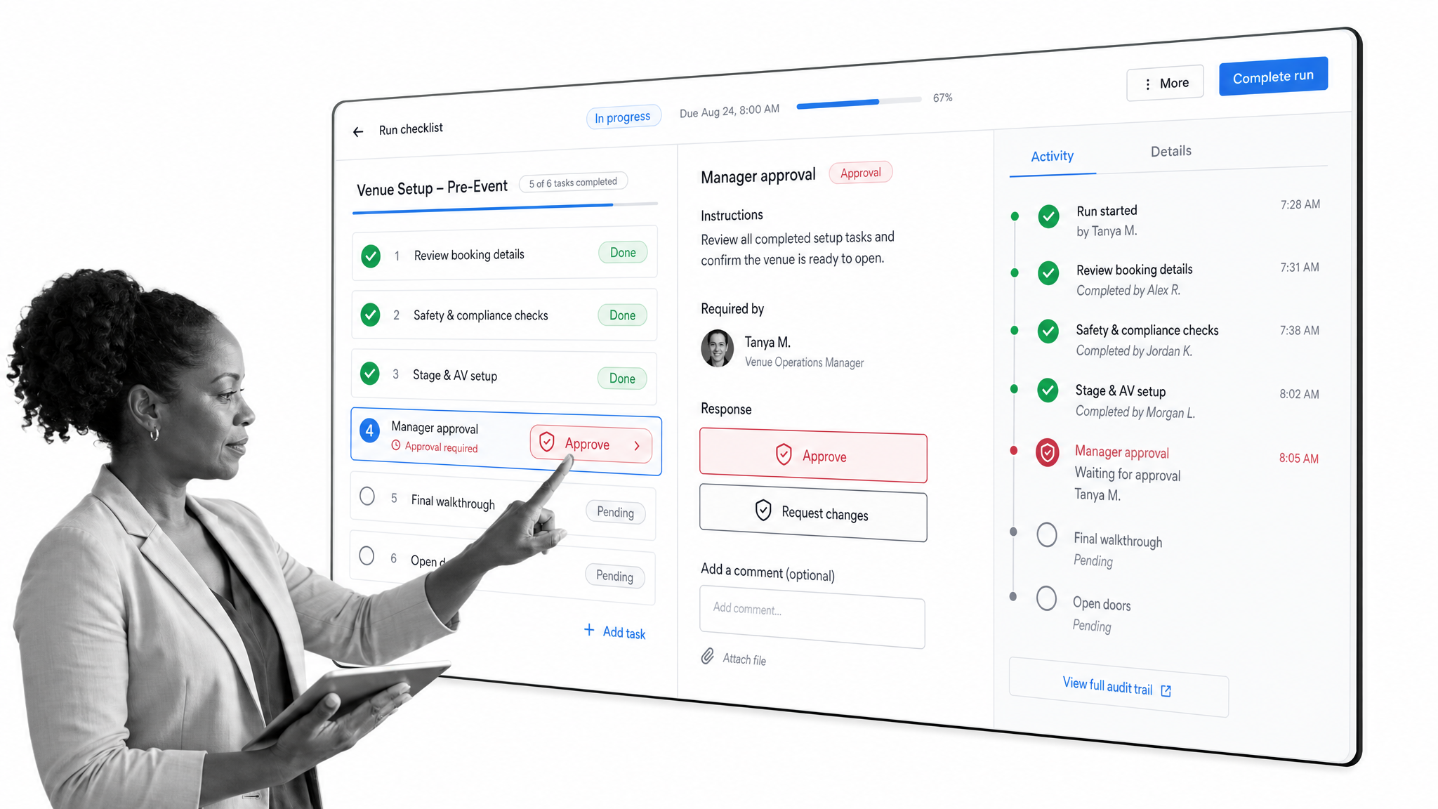 Process Street workflow editor interface for venue management software