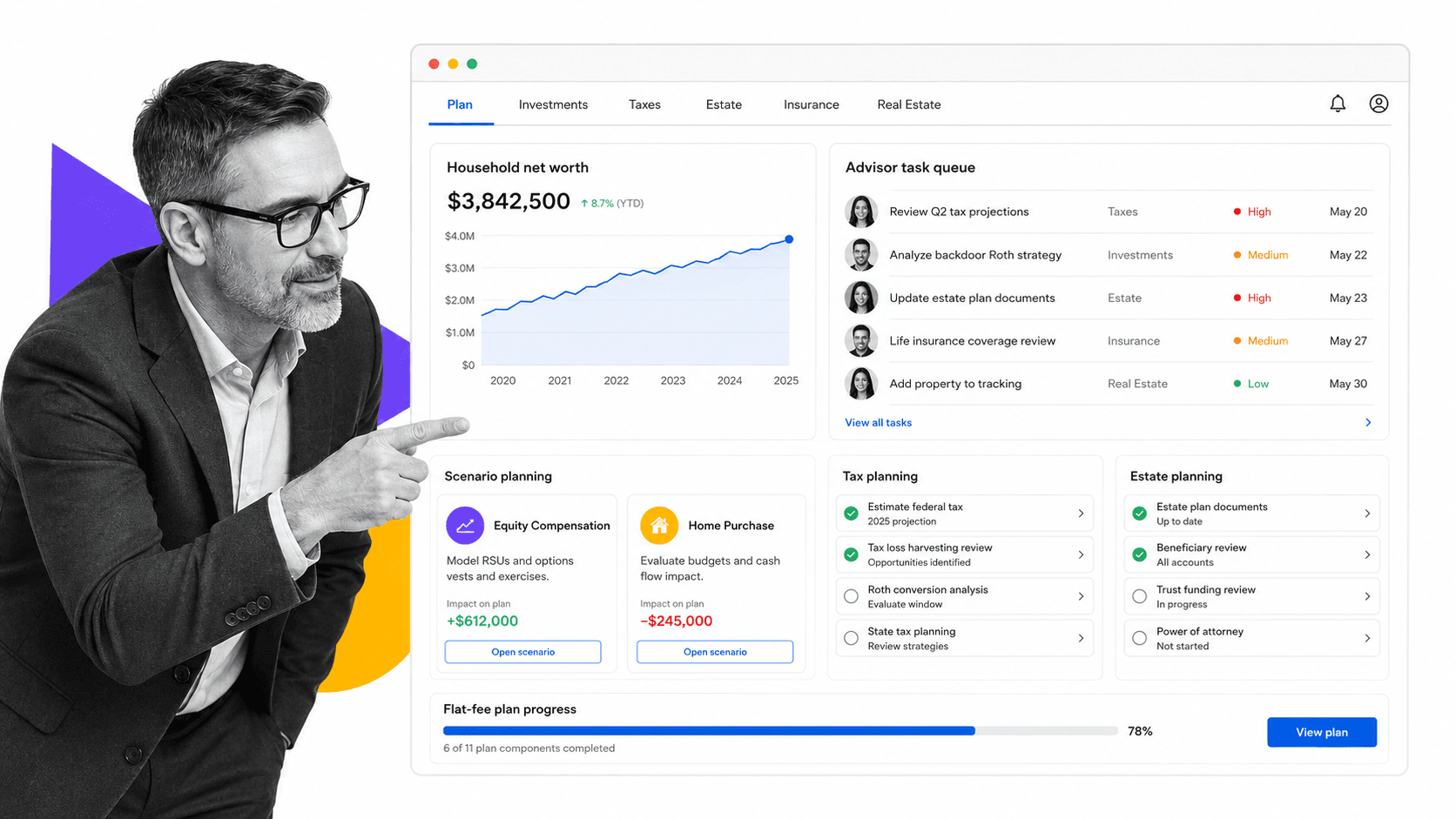 Range wealth management planning dashboard with scenario projections and advisor tasks