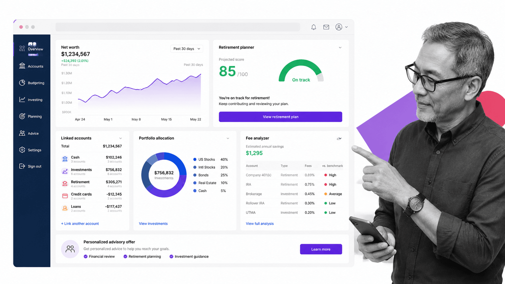 Empower personal dashboard with linked accounts, net worth graph, and retirement score