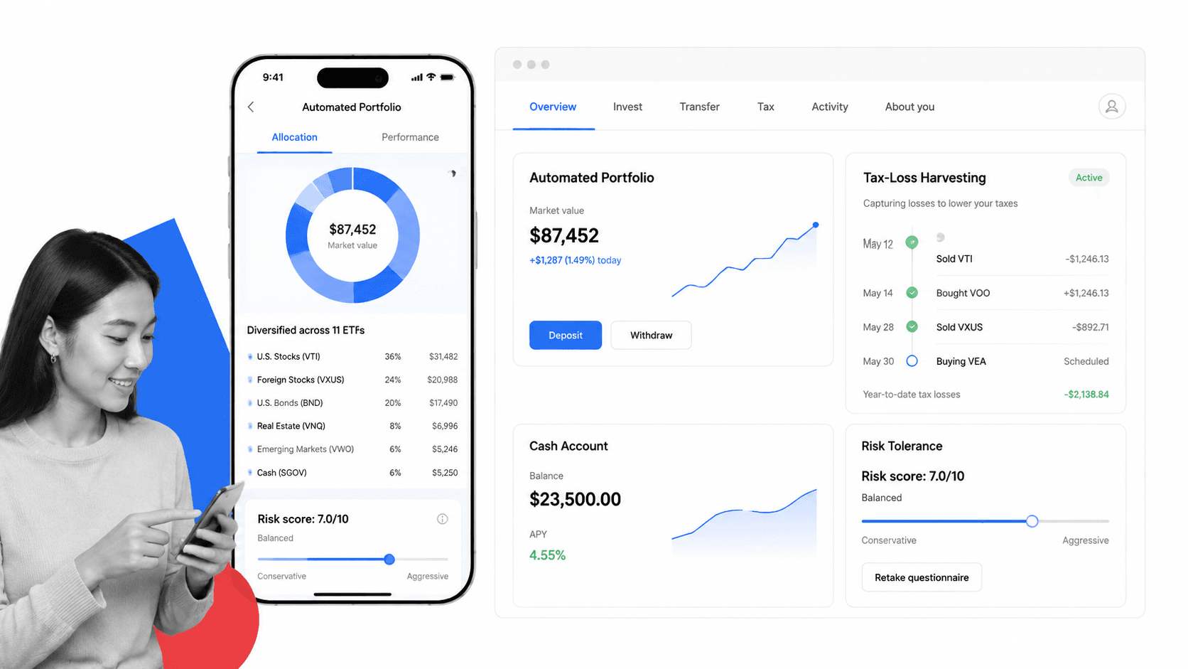Wealthfront automated investing dashboard with portfolio allocation and tax-loss harvesting activity