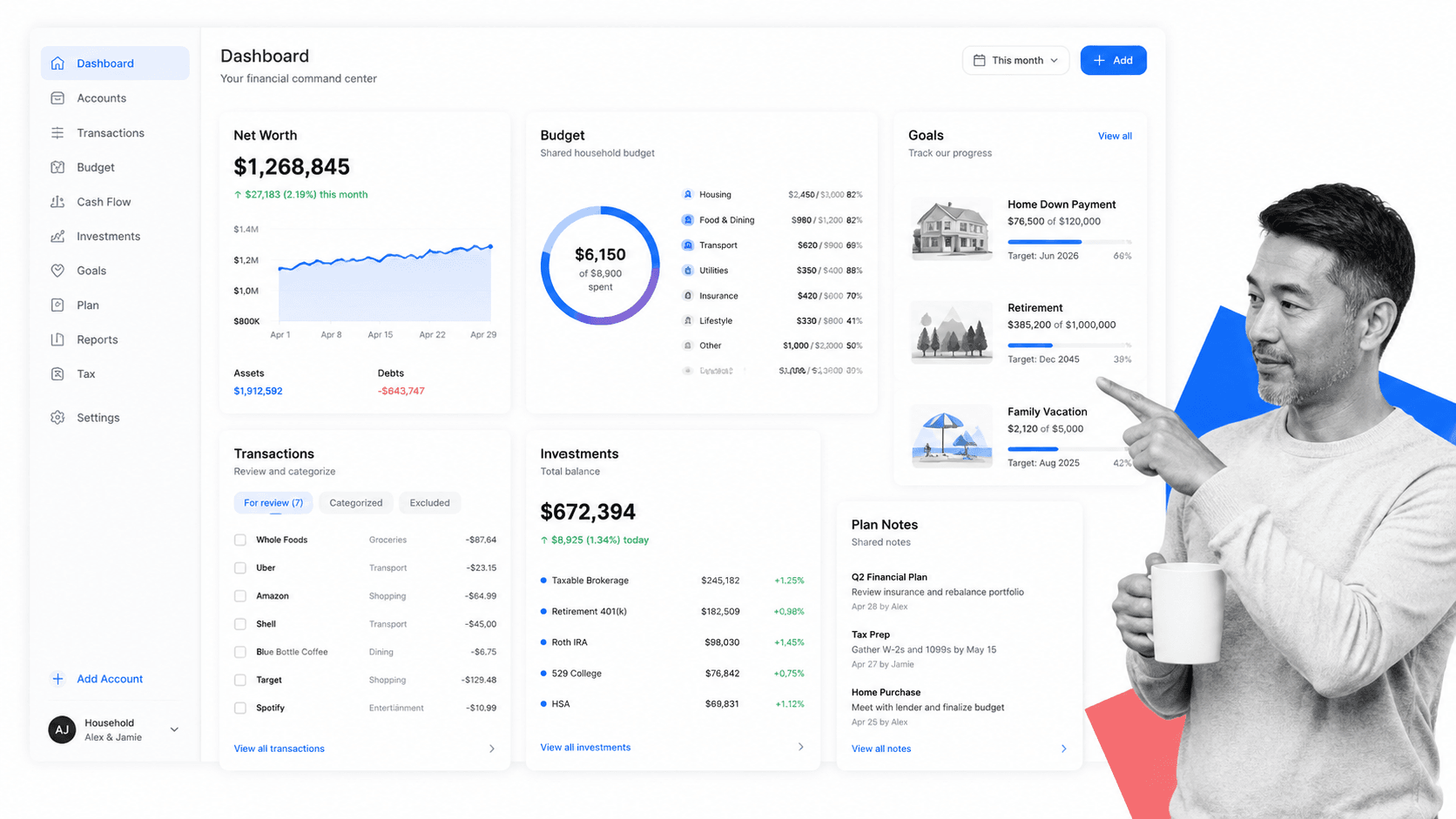 Monarch Money household finance dashboard with budget categories, goals, and net worth trend