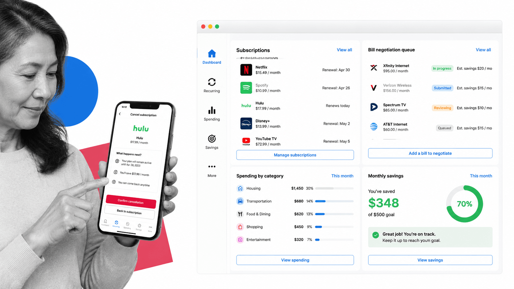 Rocket Money subscription and bill dashboard with cancellation queue and spending tracker