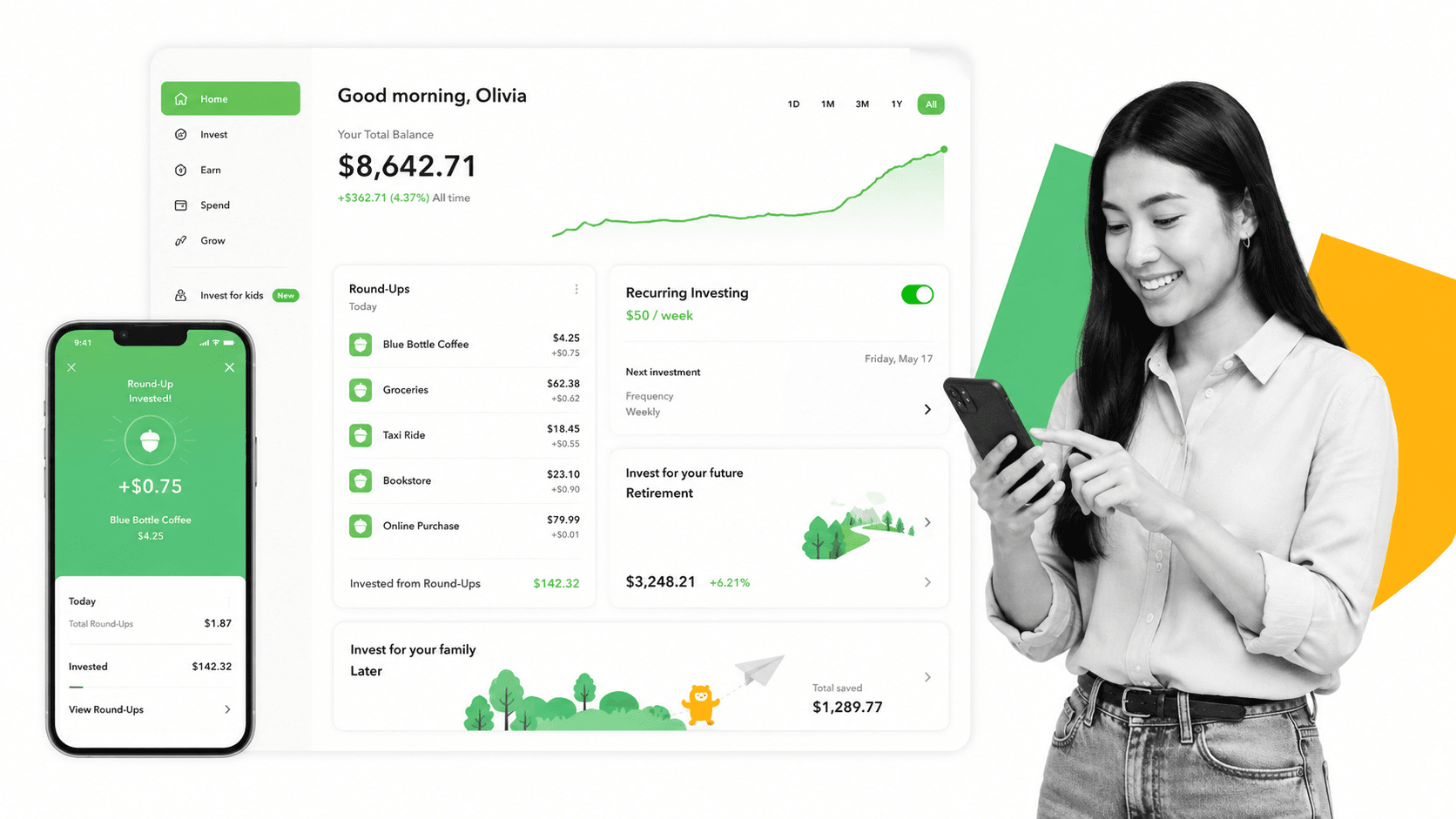 Acorns round-up investing dashboard with recurring investment and portfolio growth panels