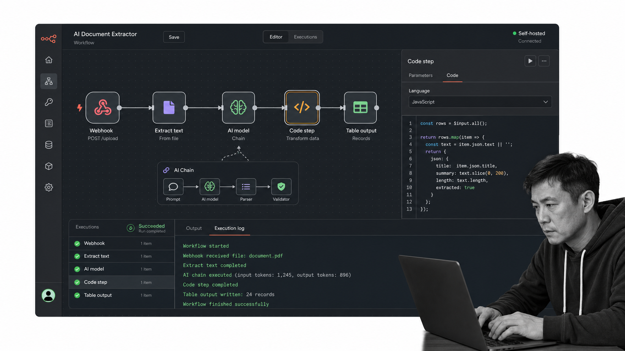 n8n workflow automation interface showing node graph plus code panel.