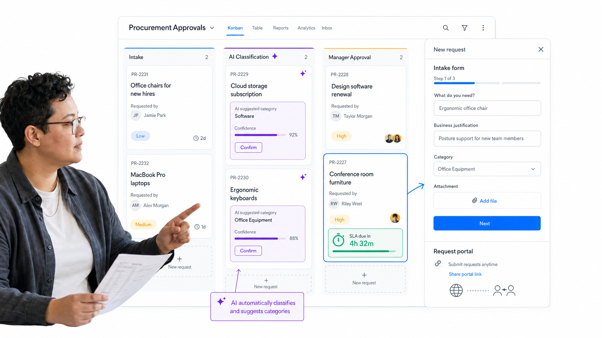 Pipefy workflow automation interface showing pipeline stages plus intake form.