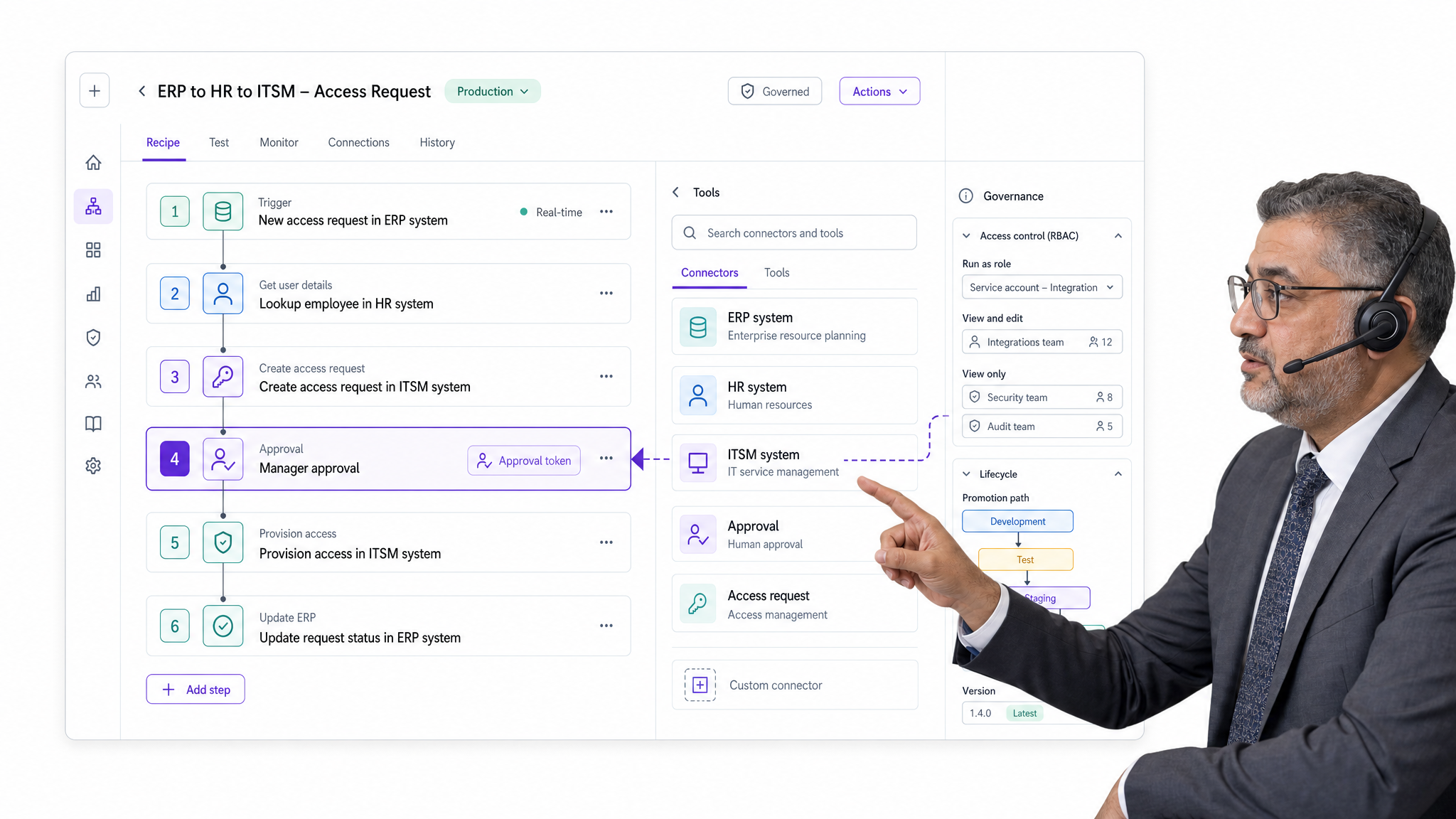 Workato workflow automation interface showing recipe builder with governance panel.