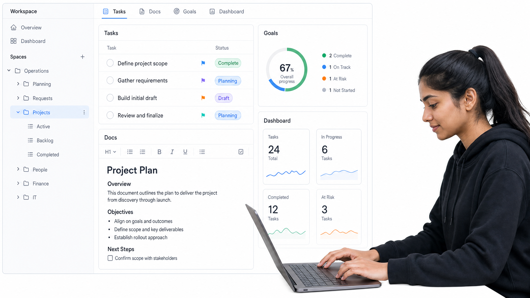 ClickUp workflow management interface showing hierarchical workspace with docs and dashboard panels