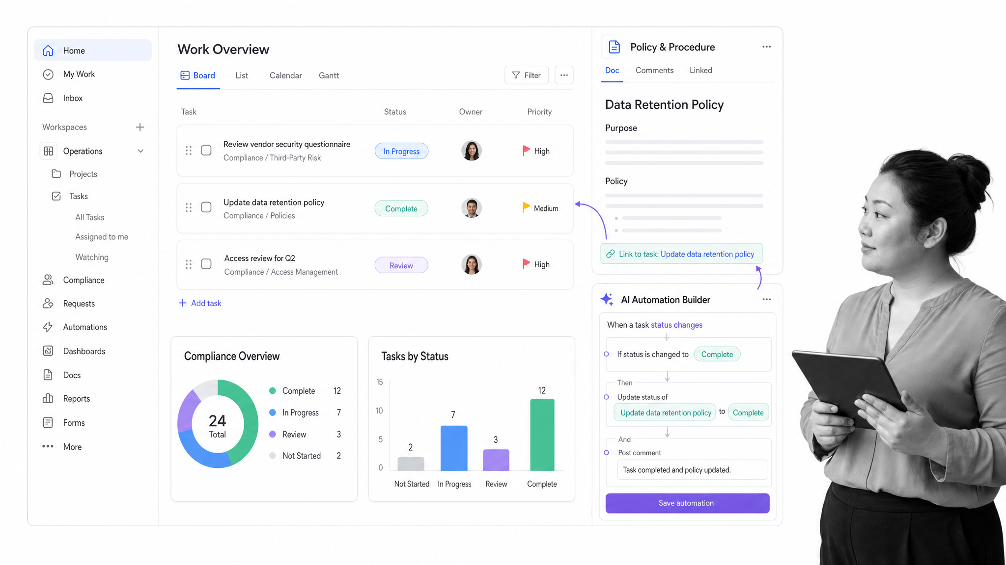 ClickUp style workflow dashboard with tasks docs and automation builder