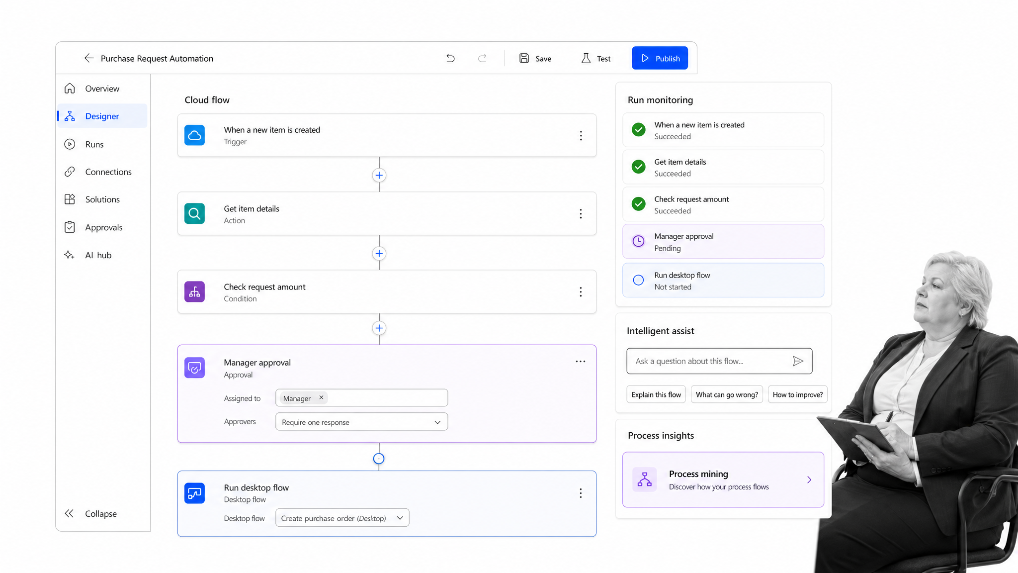 Power Automate style flow designer with approvals and desktop flow call
