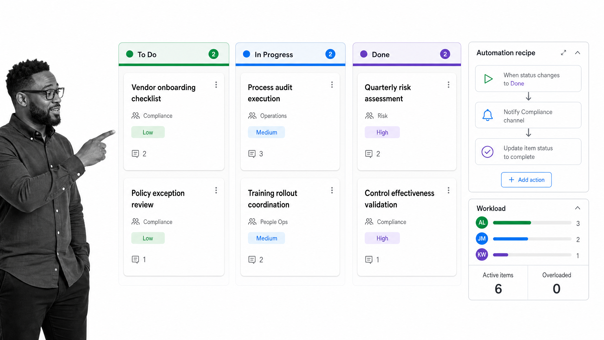 monday.com style workflow board with automations and dashboard