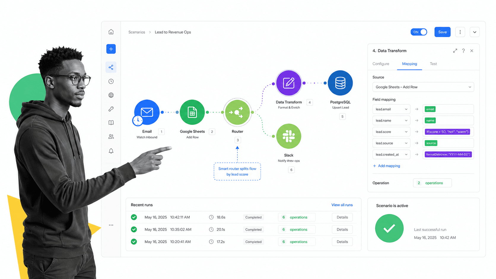 Make Zapier alternative product UI for Visual scenario building and branching automation