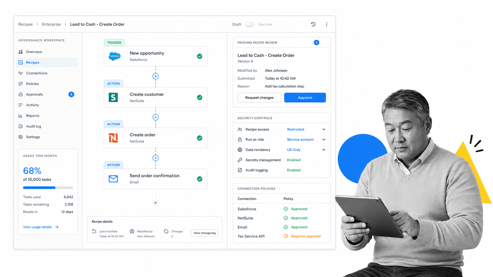 Workato Zapier alternative product UI for Enterprise iPaaS and governed automation programs