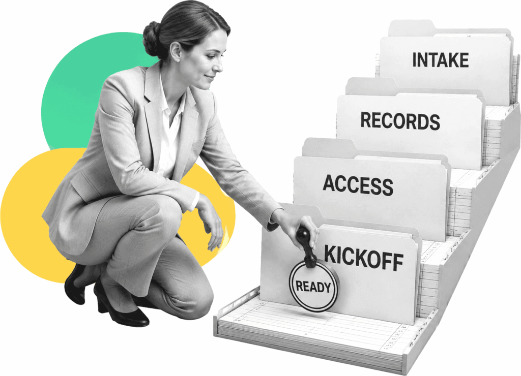 Accounting operations manager reviewing labeled client onboarding workflow cards.