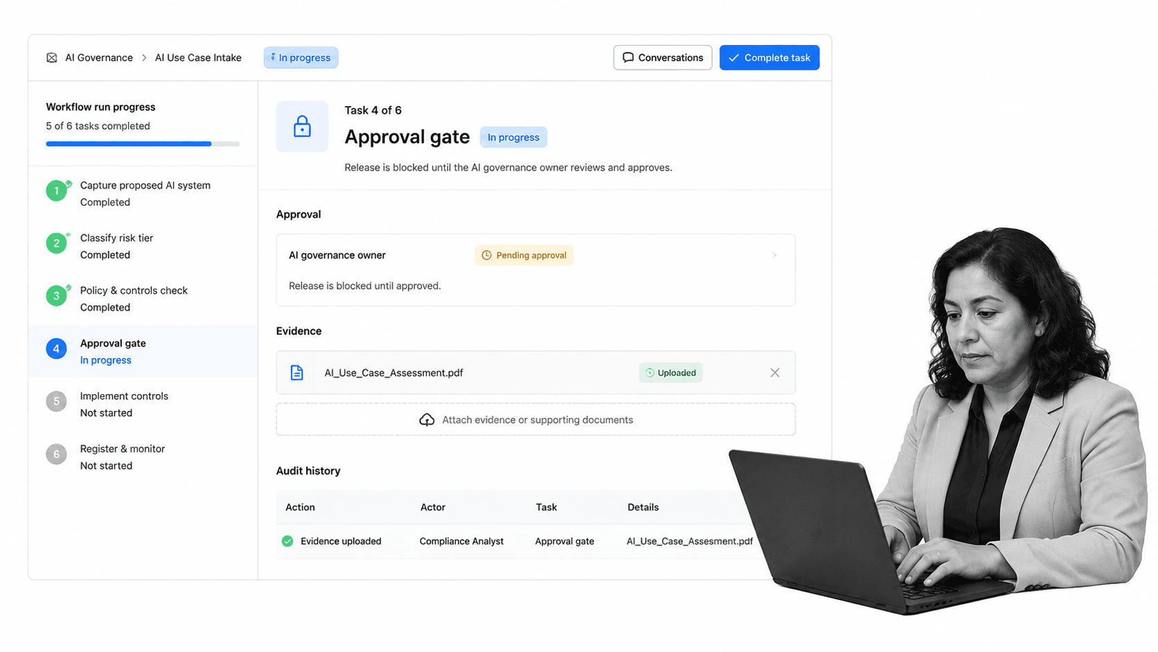 Process Street AI governance workflow run with approval gate and audit evidence
