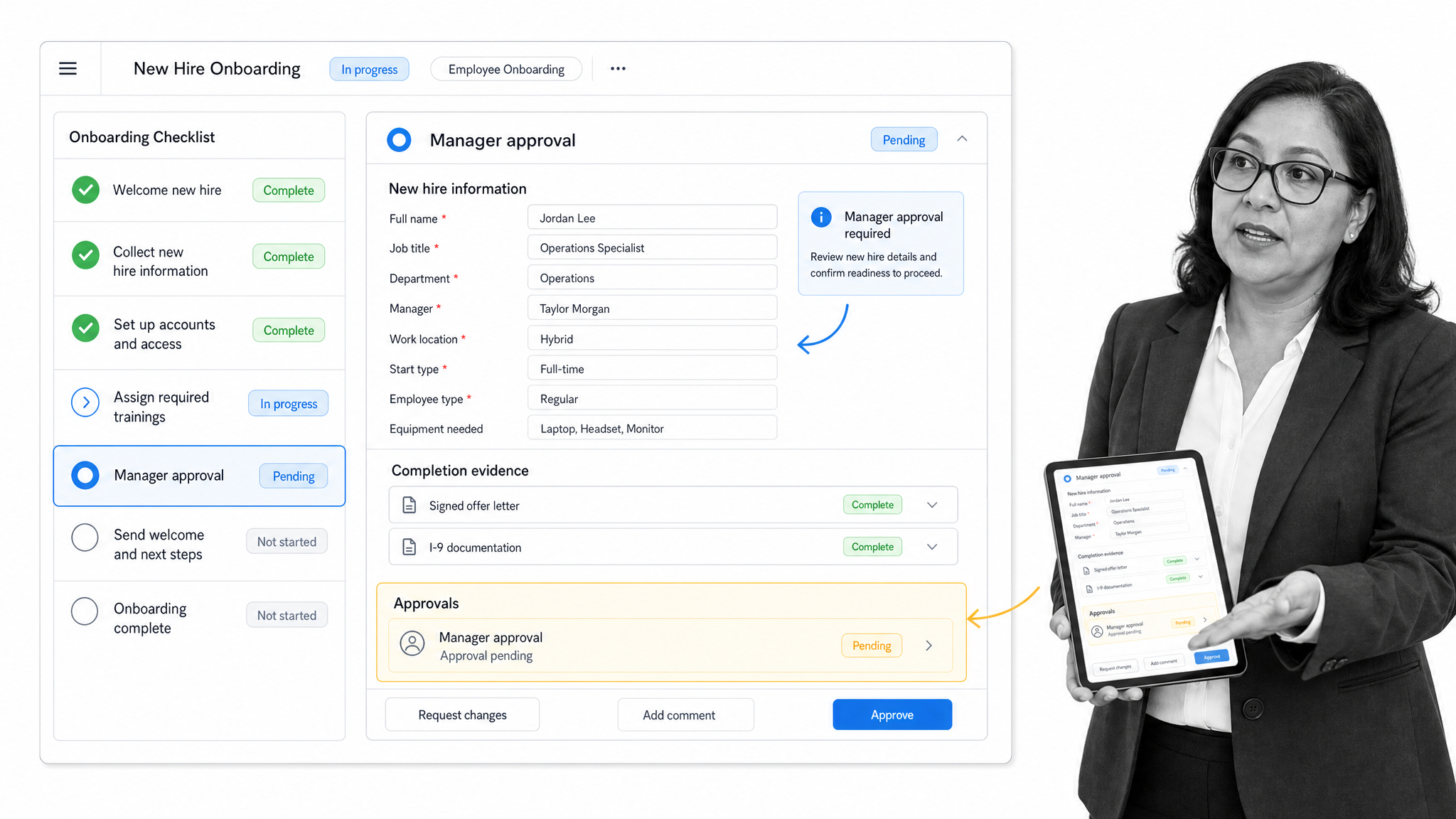 Process Street employee onboarding workflow with required tasks, form fields, and manager approval.