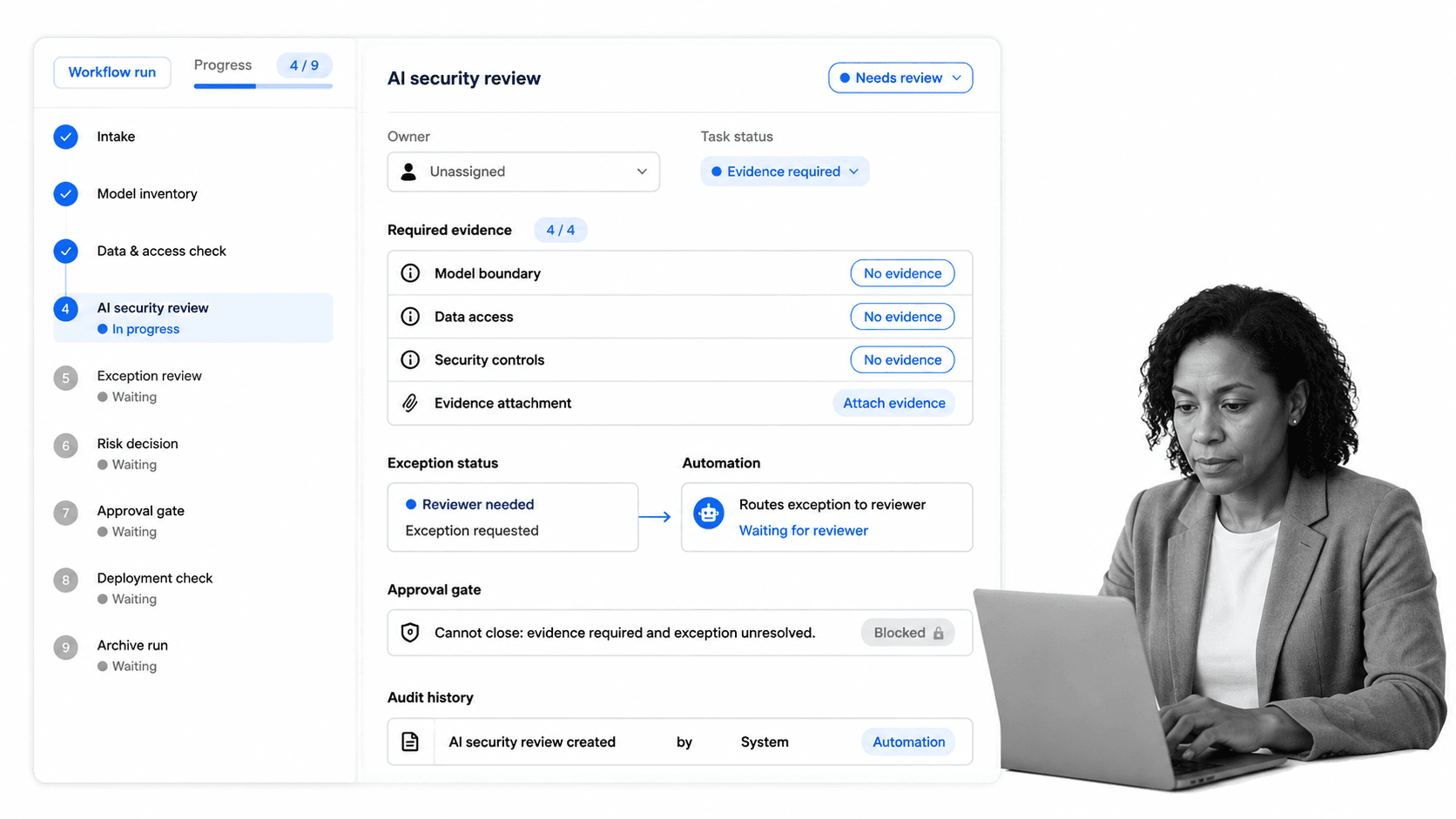 Process Street AI security workflow with selected AI security review task