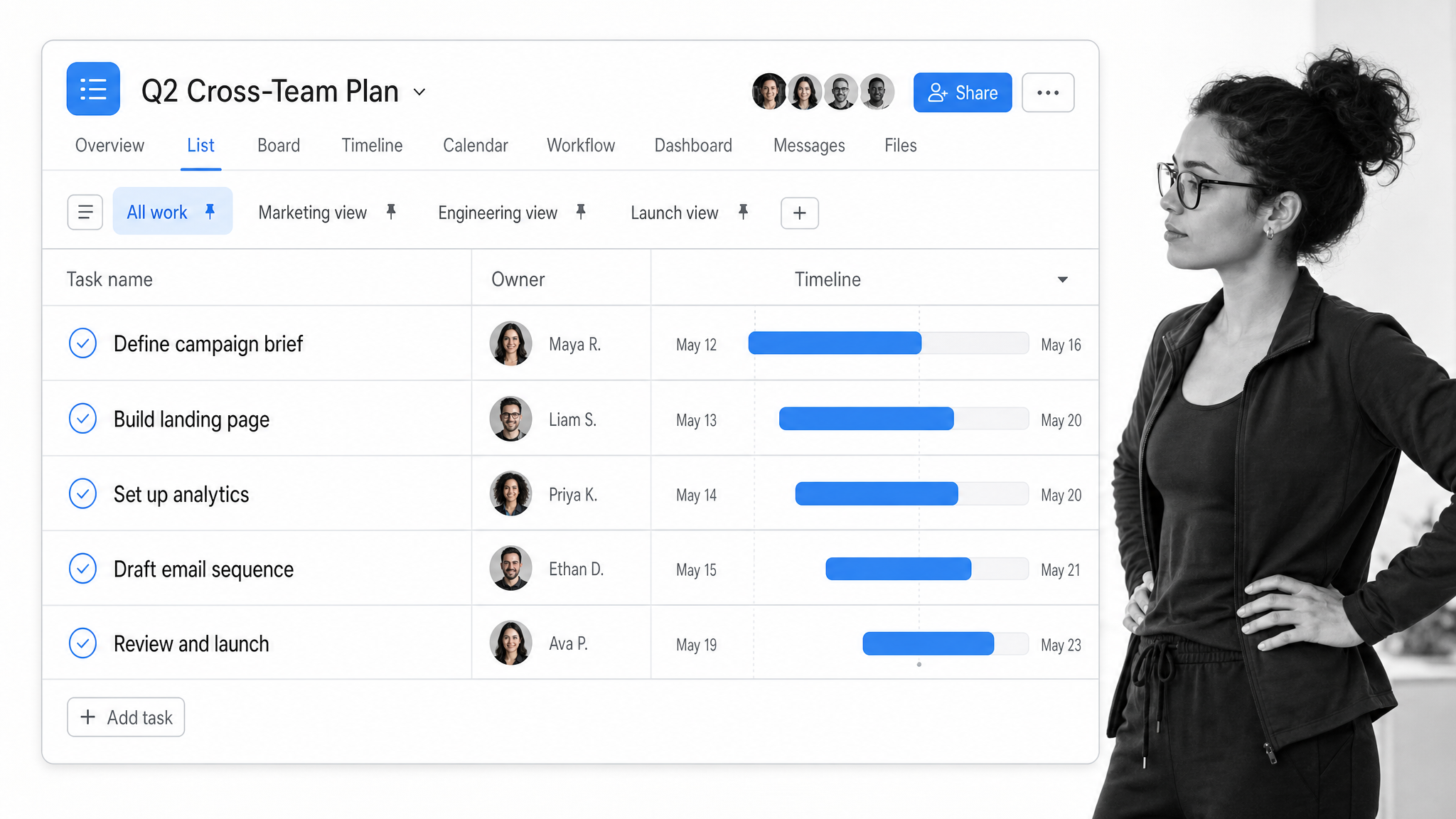 Asana product interface shown as an Airtable alternative for structured project planning and cross-team task ownership.