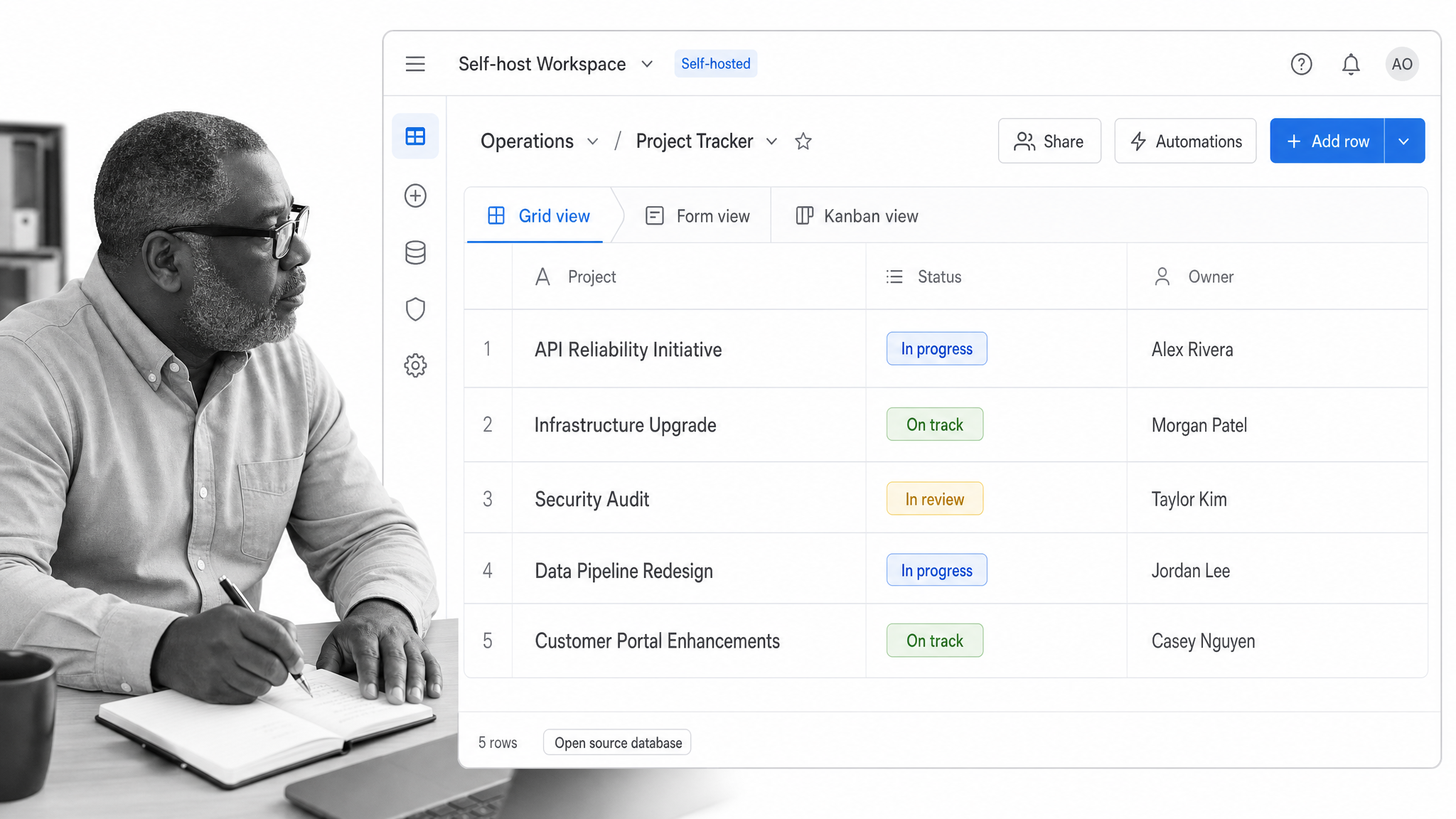 Baserow product interface shown as an Airtable alternative for open-source no-code databases and self-hosting.