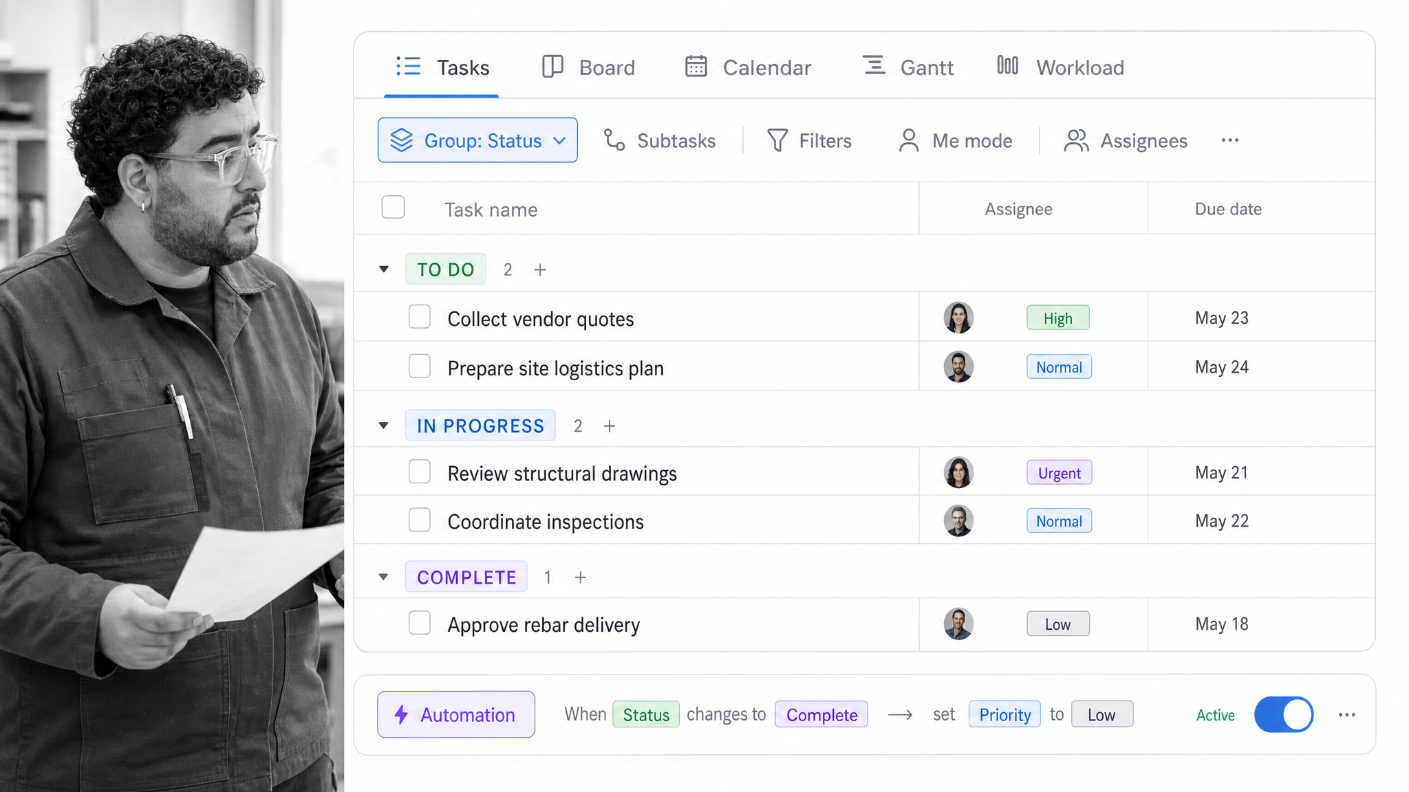 ClickUp product interface shown as an Airtable alternative for task-heavy project management with table views.