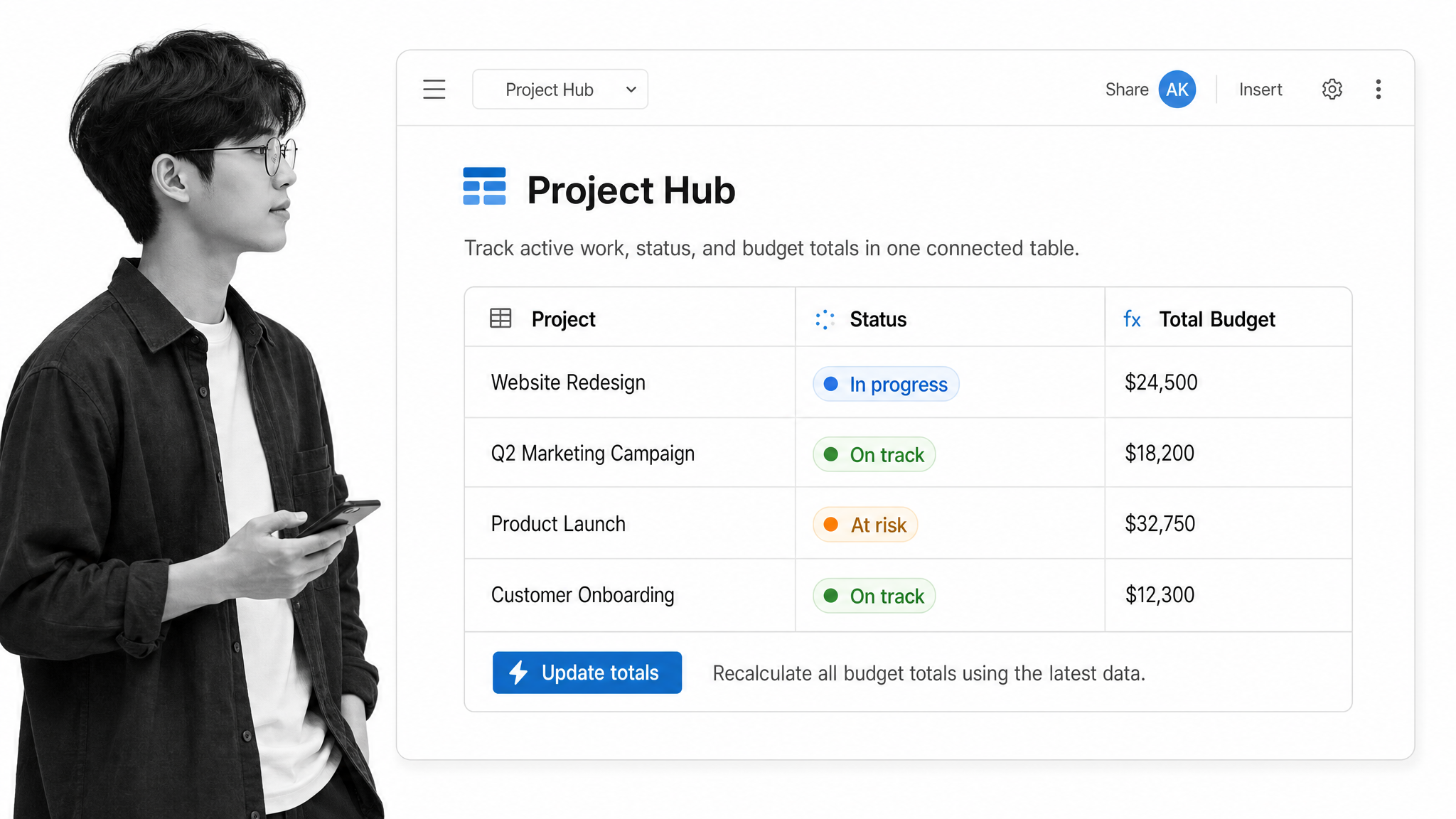 Coda product interface shown as an Airtable alternative for docs, tables, formulas, and team apps in one surface.